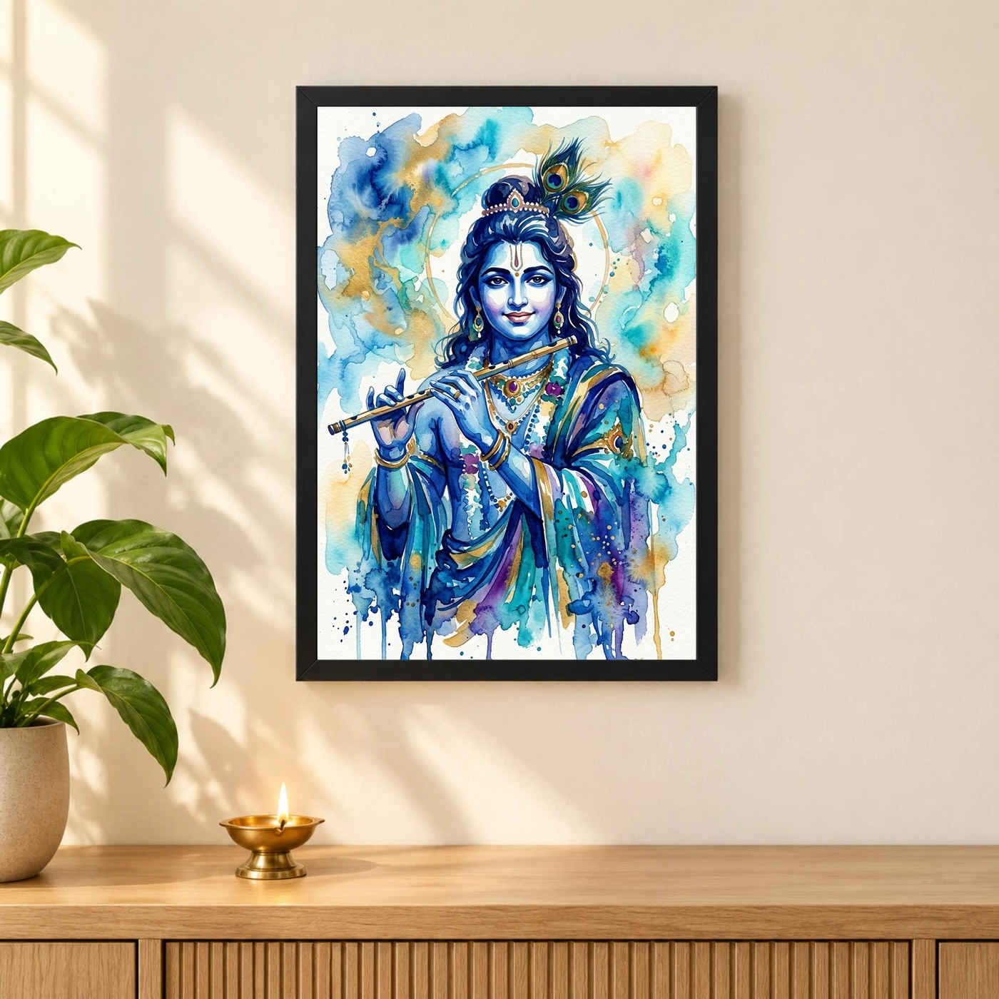Krishna Contemporary Watercolor Blue Wash Modern Art Photo Frame, view 3