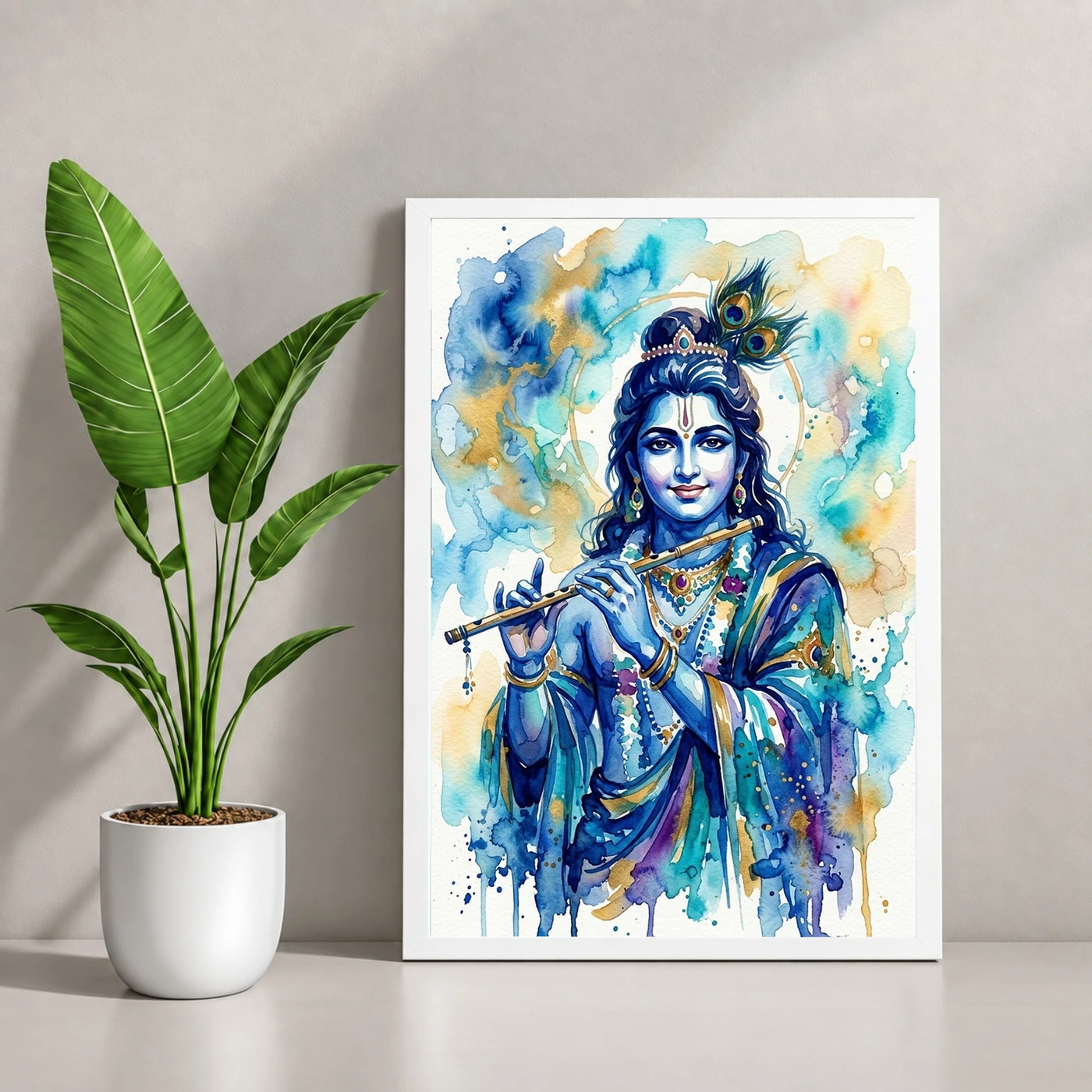 Krishna Contemporary Watercolor Blue Wash Modern Art Photo Frame, view 4