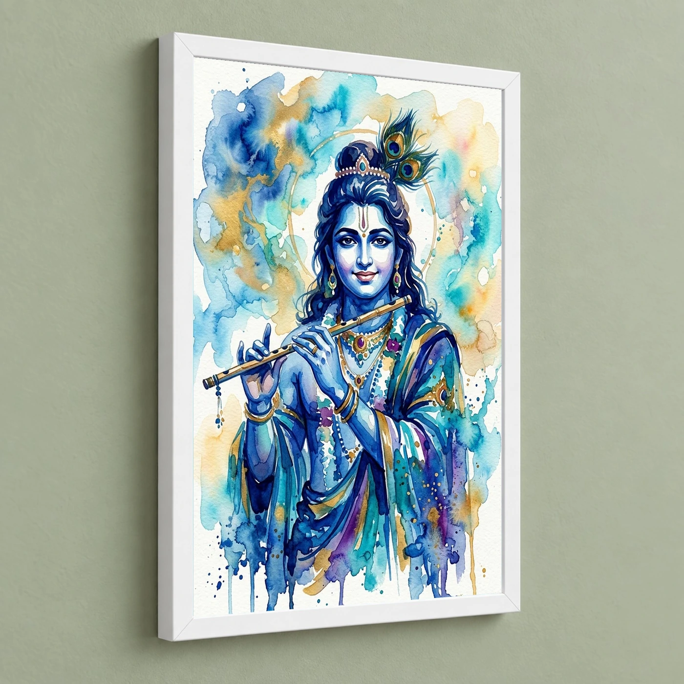 Krishna Contemporary Watercolor Blue Wash Modern Art Photo Frame, view 5