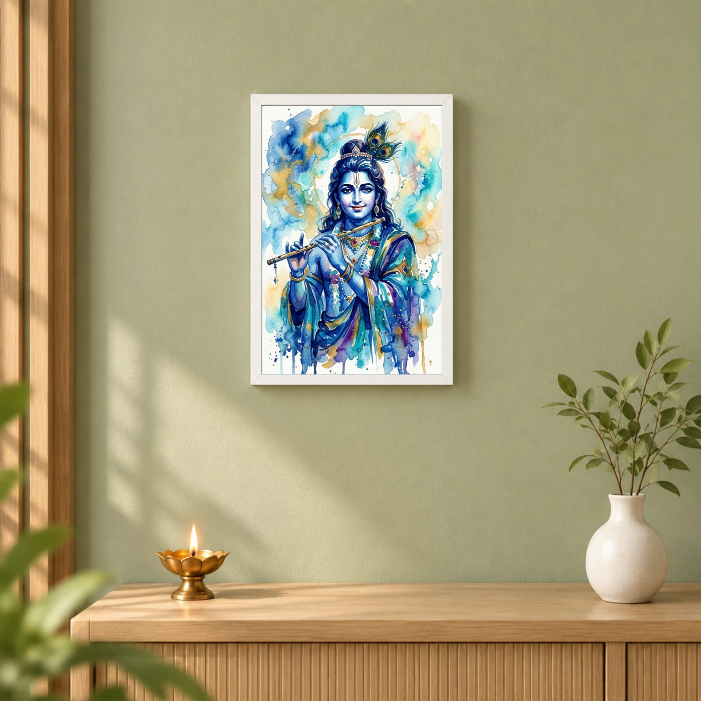 Krishna Contemporary Watercolor Blue Wash Modern Art Photo Frame, view 6