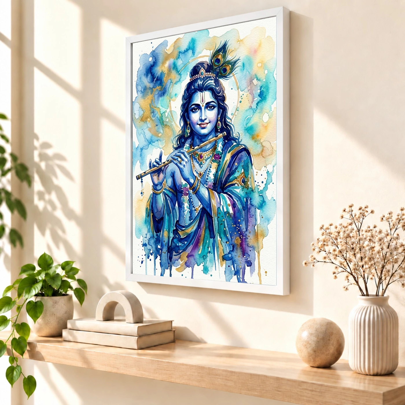 Krishna Contemporary Watercolor Blue Wash Modern Art Photo Frame, view 7