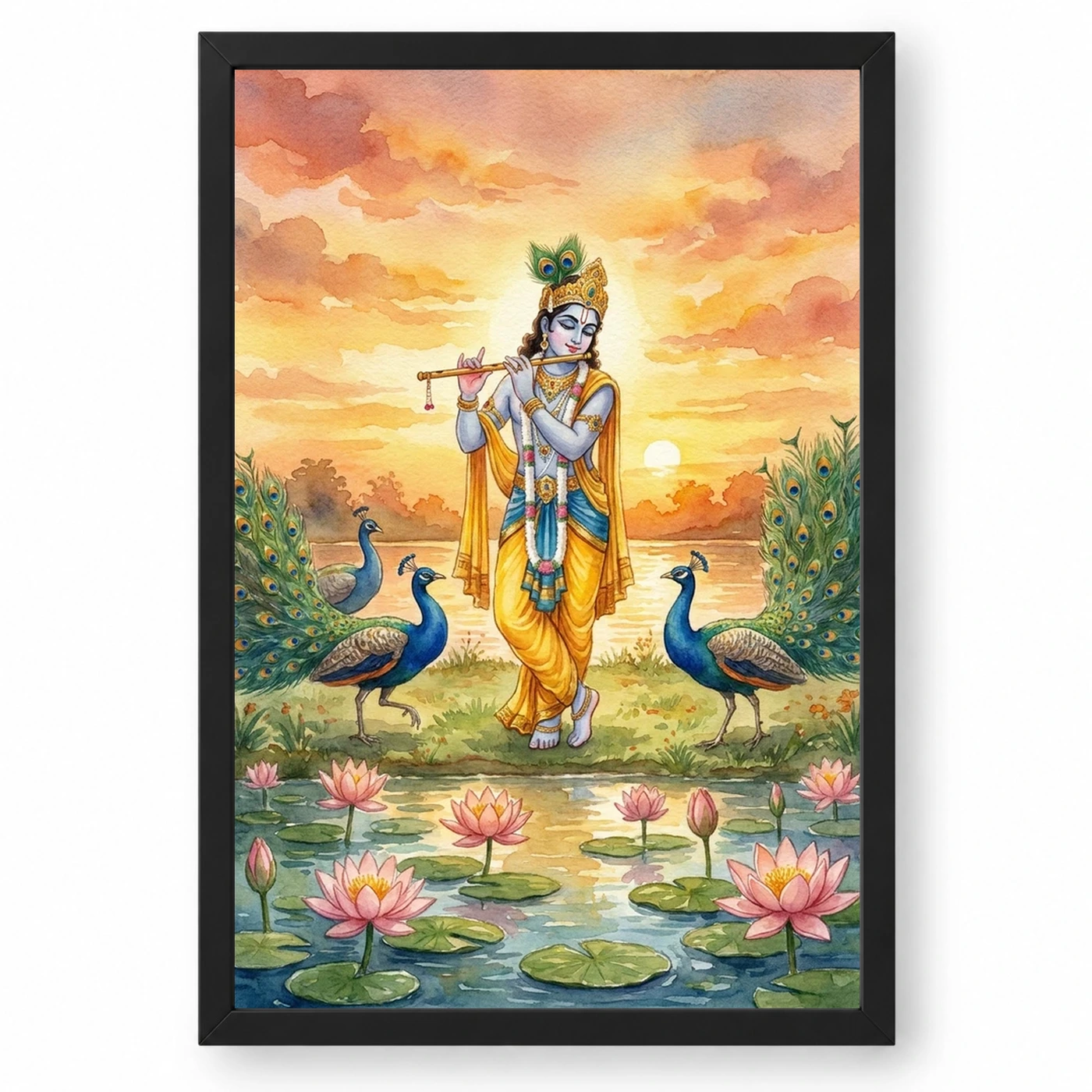 Krishna Flute Peacock Lotus Golden Sunset Watercolor Art Photo Frame