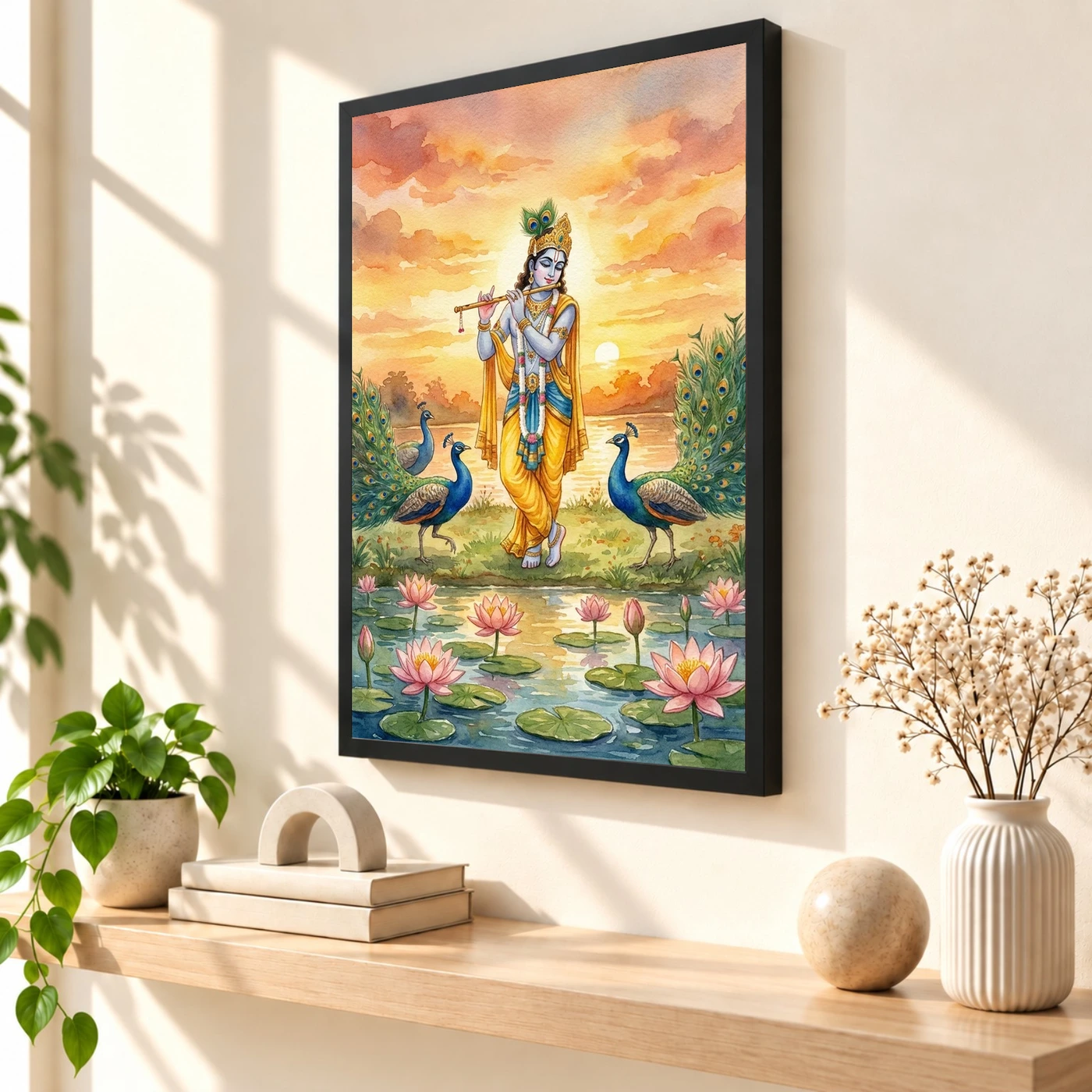 Krishna Flute Peacock Lotus Golden Sunset Watercolor Art Photo Frame, view 2
