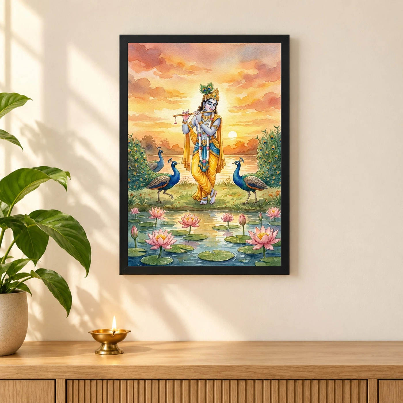 Krishna Flute Peacock Lotus Golden Sunset Watercolor Art Photo Frame, view 3