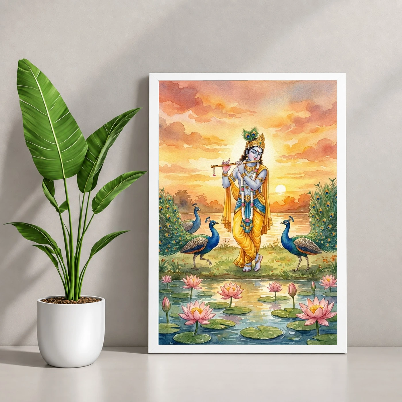 Krishna Flute Peacock Lotus Golden Sunset Watercolor Art Photo Frame, view 4