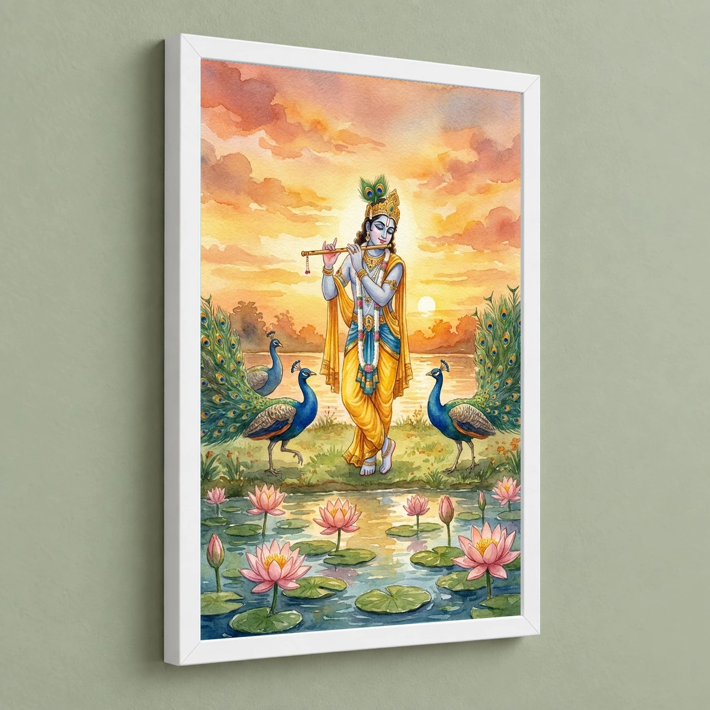 Krishna Flute Peacock Lotus Golden Sunset Watercolor Art Photo Frame, view 5