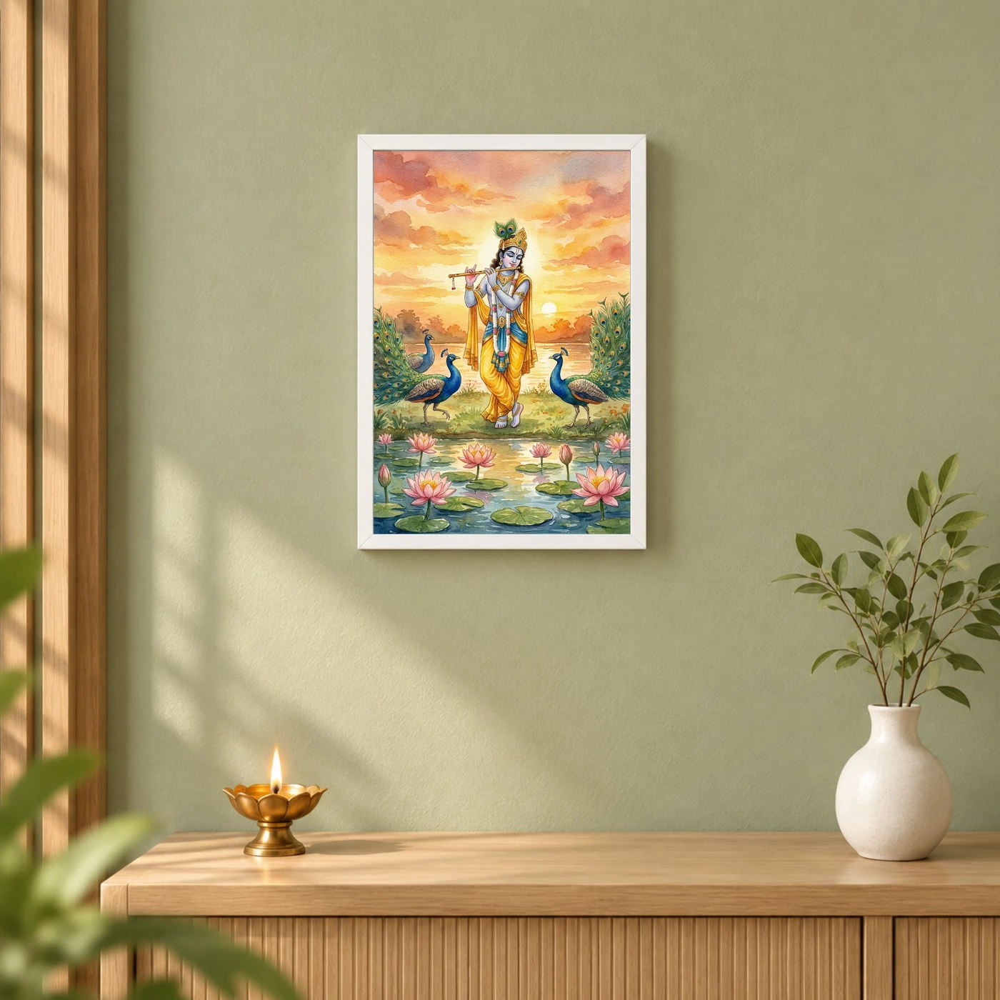 Krishna Flute Peacock Lotus Golden Sunset Watercolor Art Photo Frame, view 6