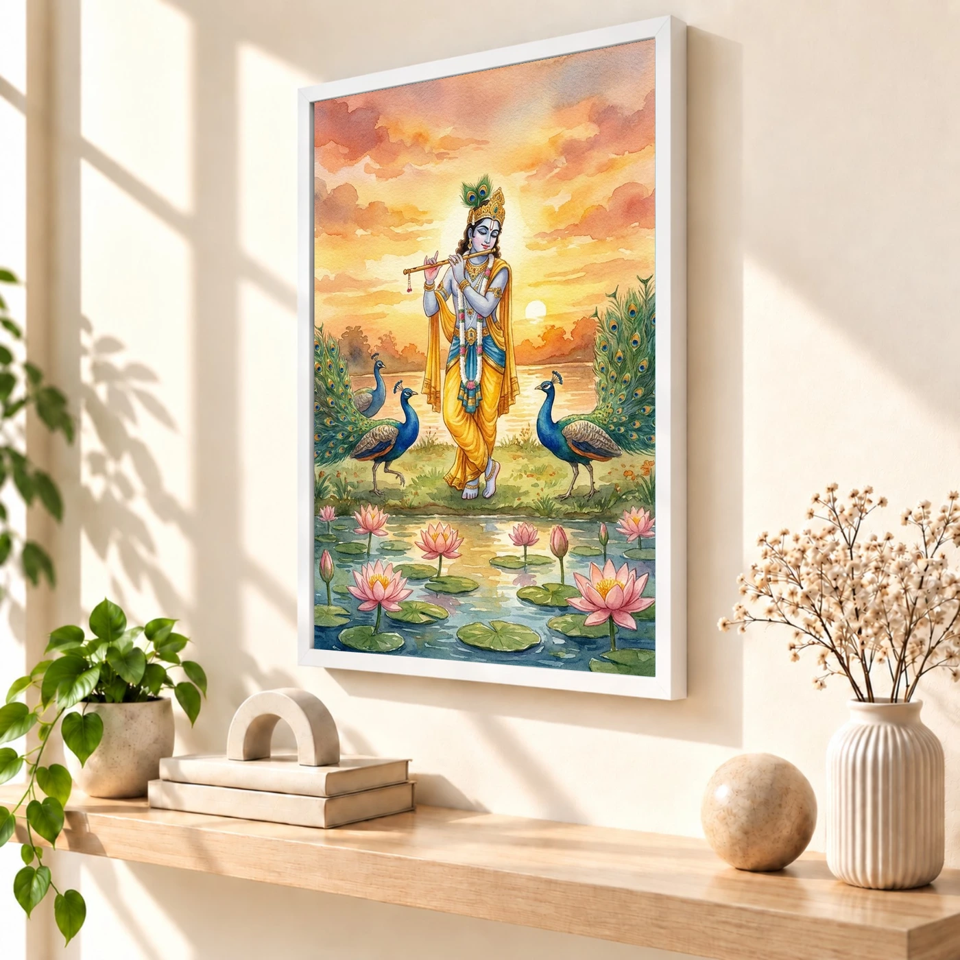 Krishna Flute Peacock Lotus Golden Sunset Watercolor Art Photo Frame, view 7