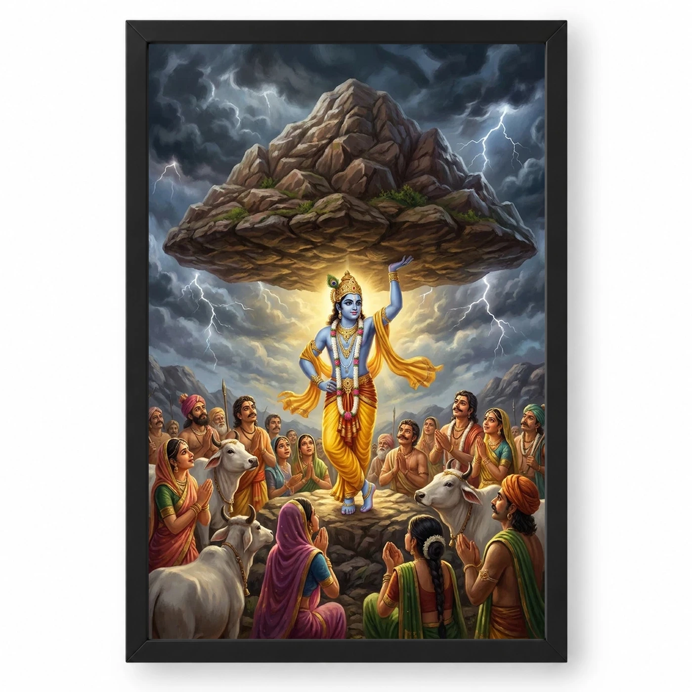 Krishna Govardhan Mountain Lifting Divine Scene Epic Art Photo Frame
