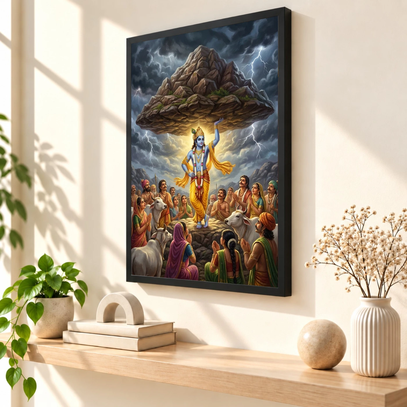 Krishna Govardhan Mountain Lifting Divine Scene Epic Art Photo Frame, view 2