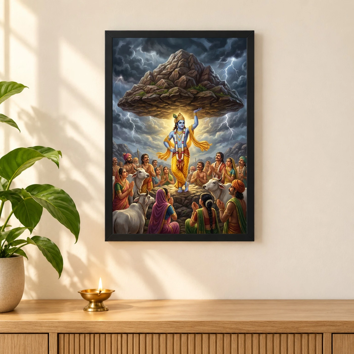 Krishna Govardhan Mountain Lifting Divine Scene Epic Art Photo Frame, view 3