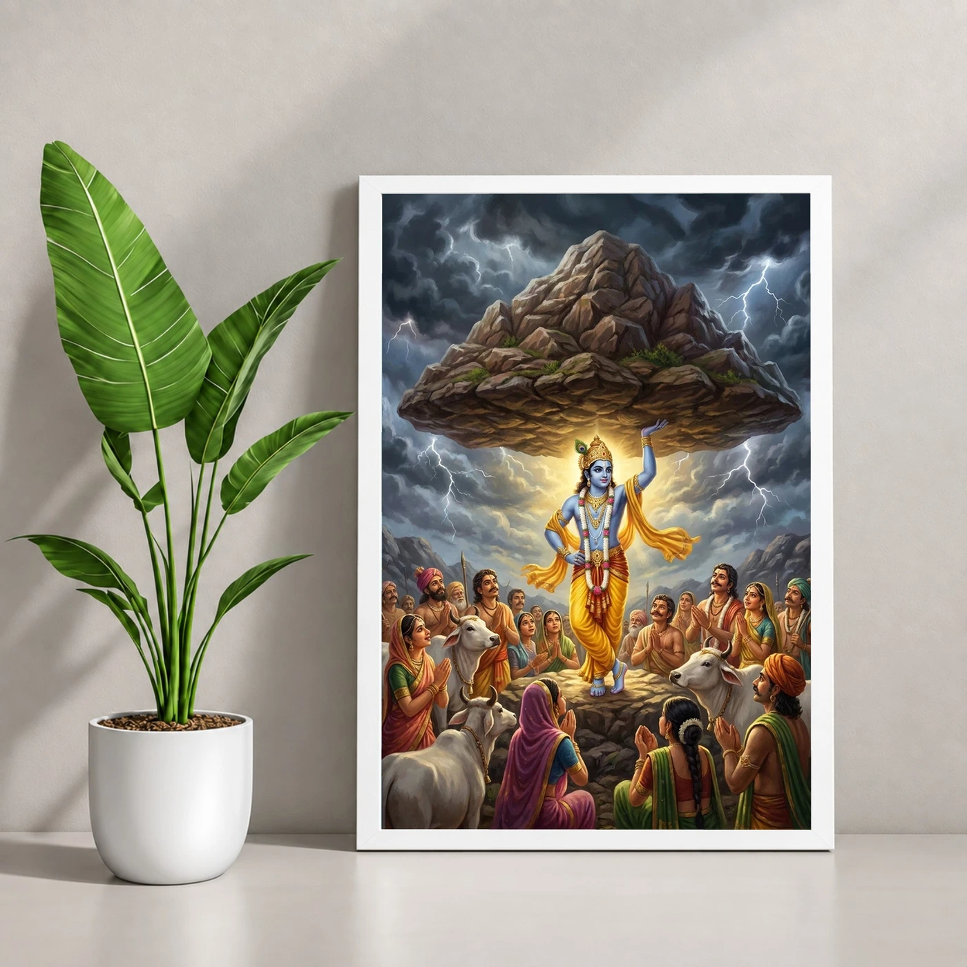 Krishna Govardhan Mountain Lifting Divine Scene Epic Art Photo Frame, view 4