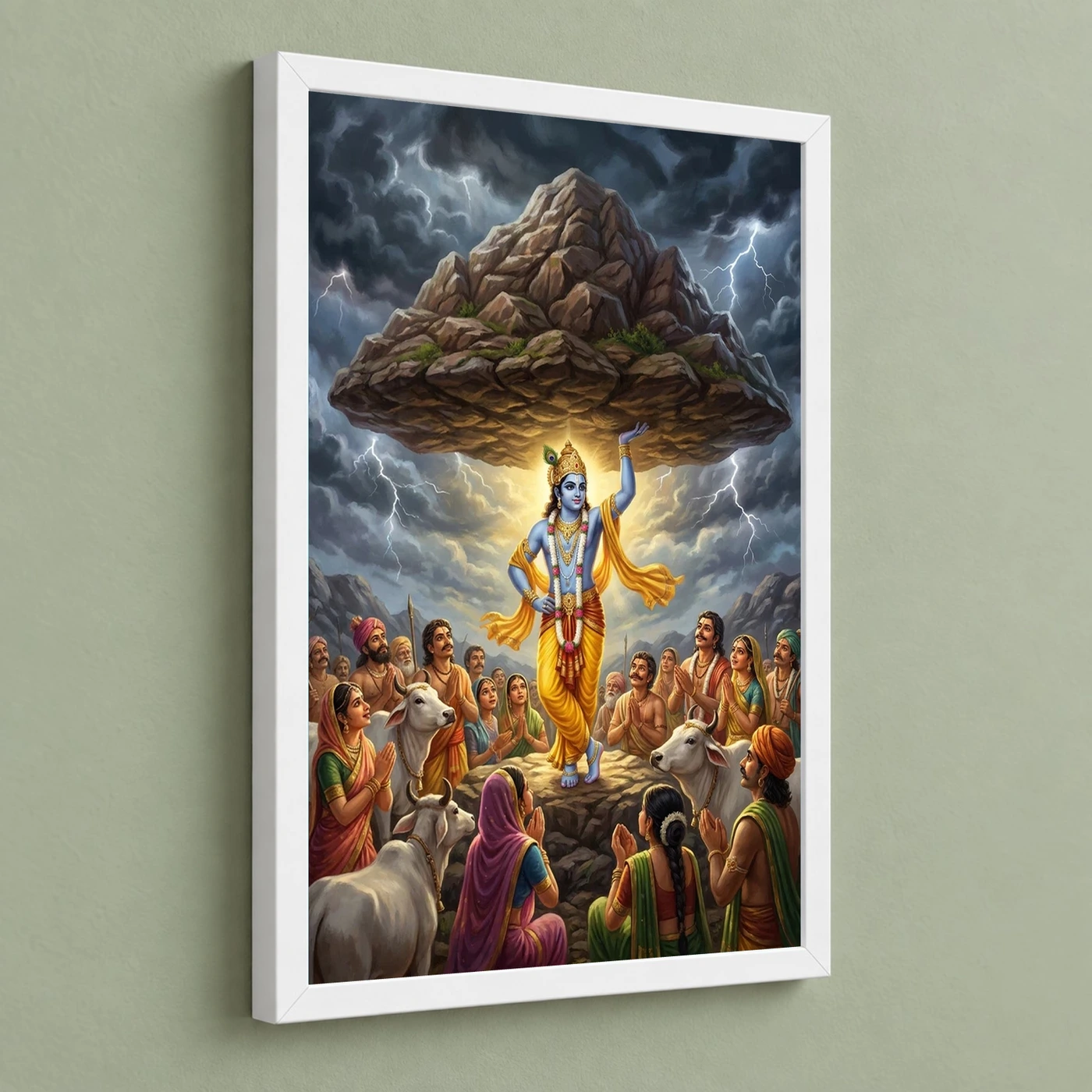 Krishna Govardhan Mountain Lifting Divine Scene Epic Art Photo Frame, view 5