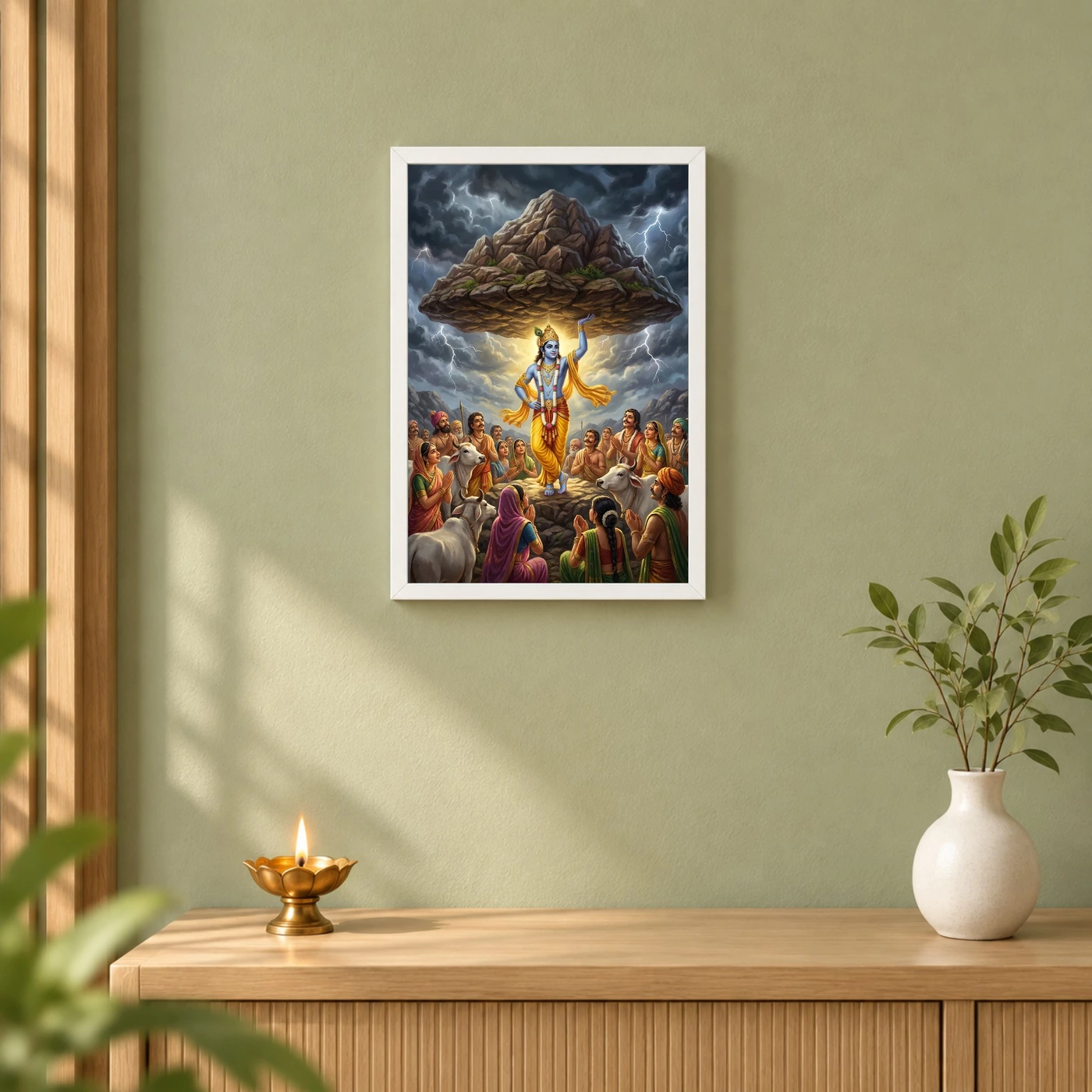 Krishna Govardhan Mountain Lifting Divine Scene Epic Art Photo Frame, view 6
