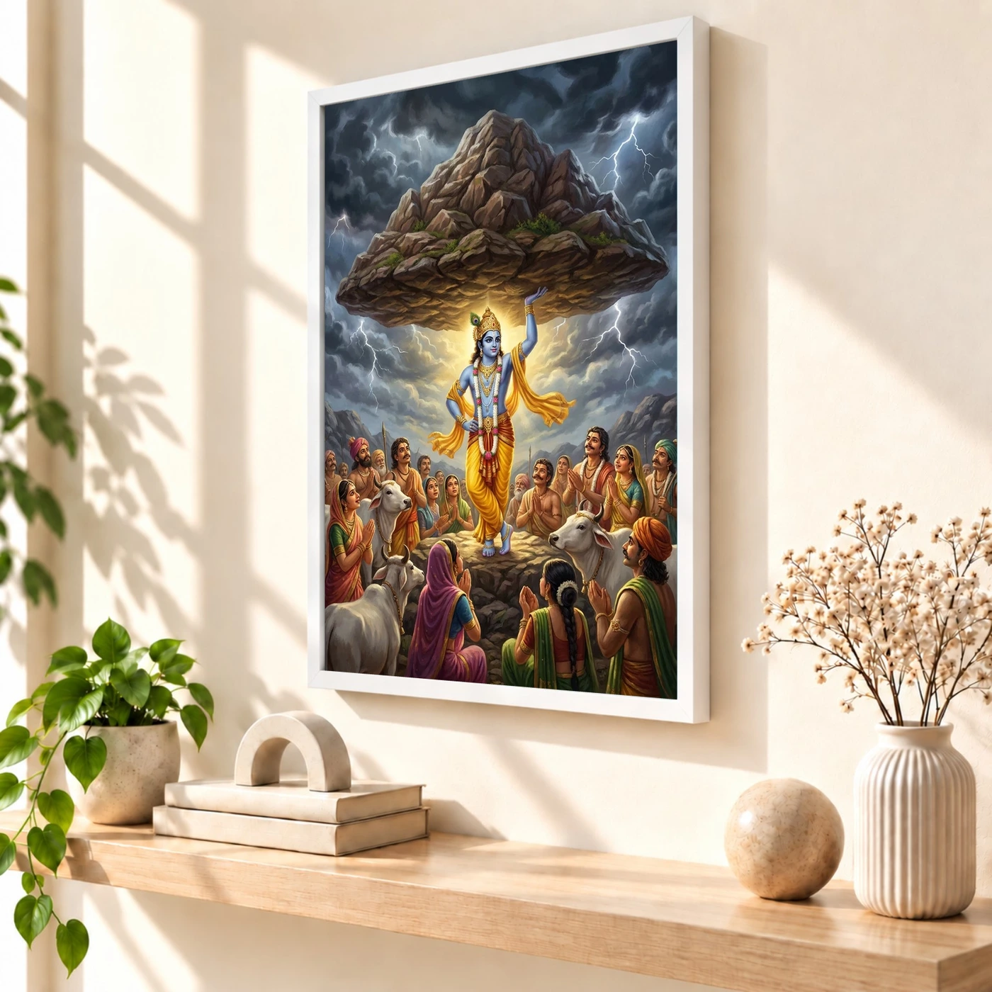 Krishna Govardhan Mountain Lifting Divine Scene Epic Art Photo Frame, view 7