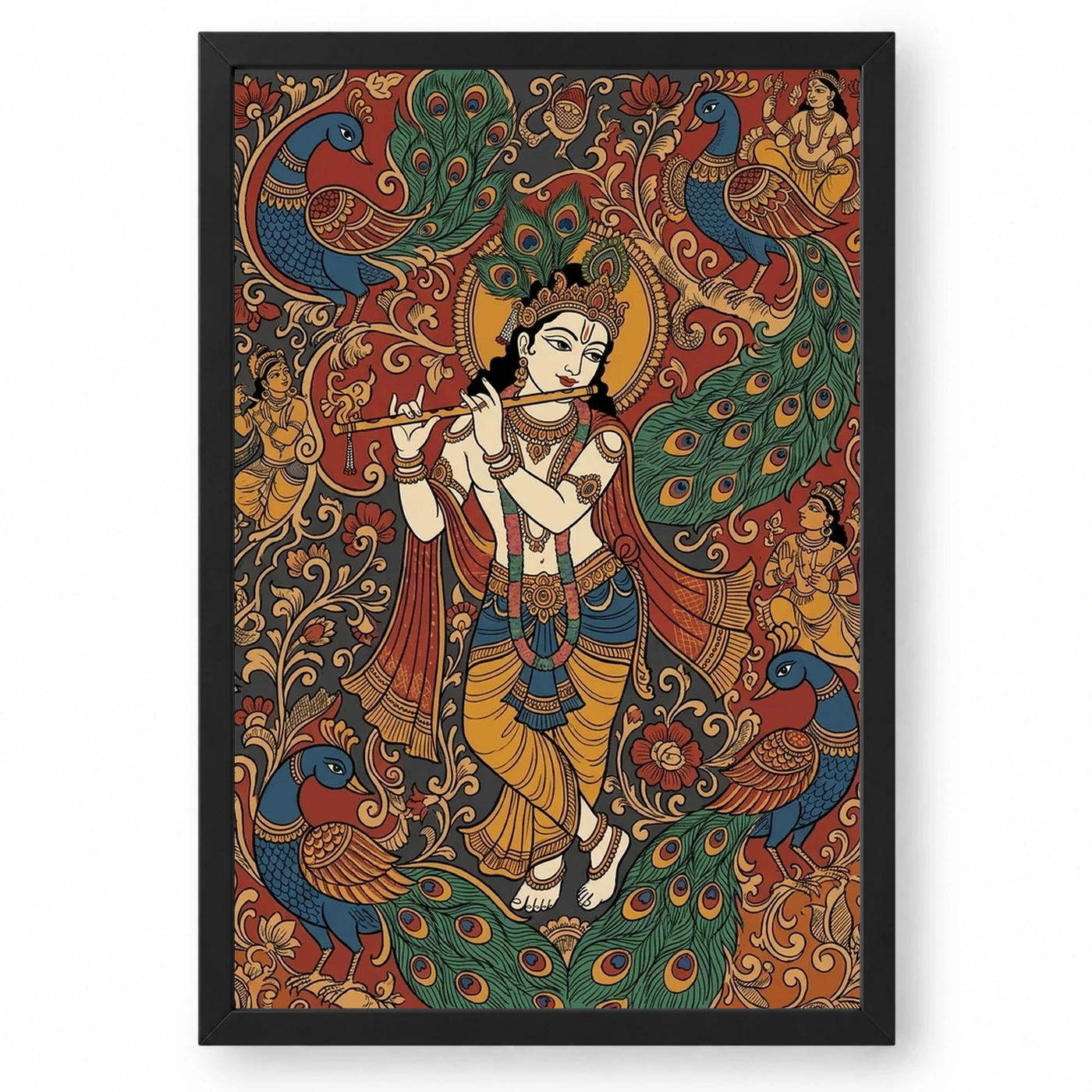 Krishna Kalamkari Peacock Motif Andhra Traditional Art Photo Frame