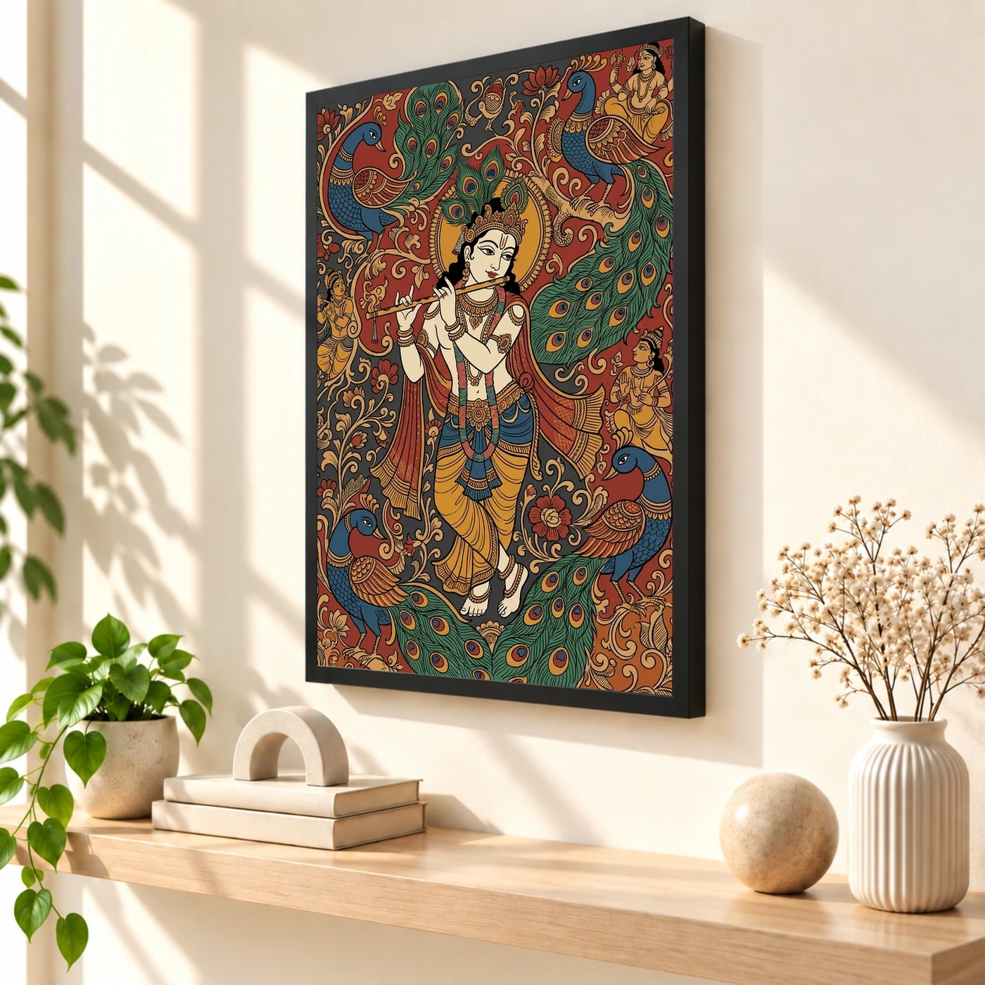 Krishna Kalamkari Peacock Motif Andhra Traditional Art Photo Frame, view 2