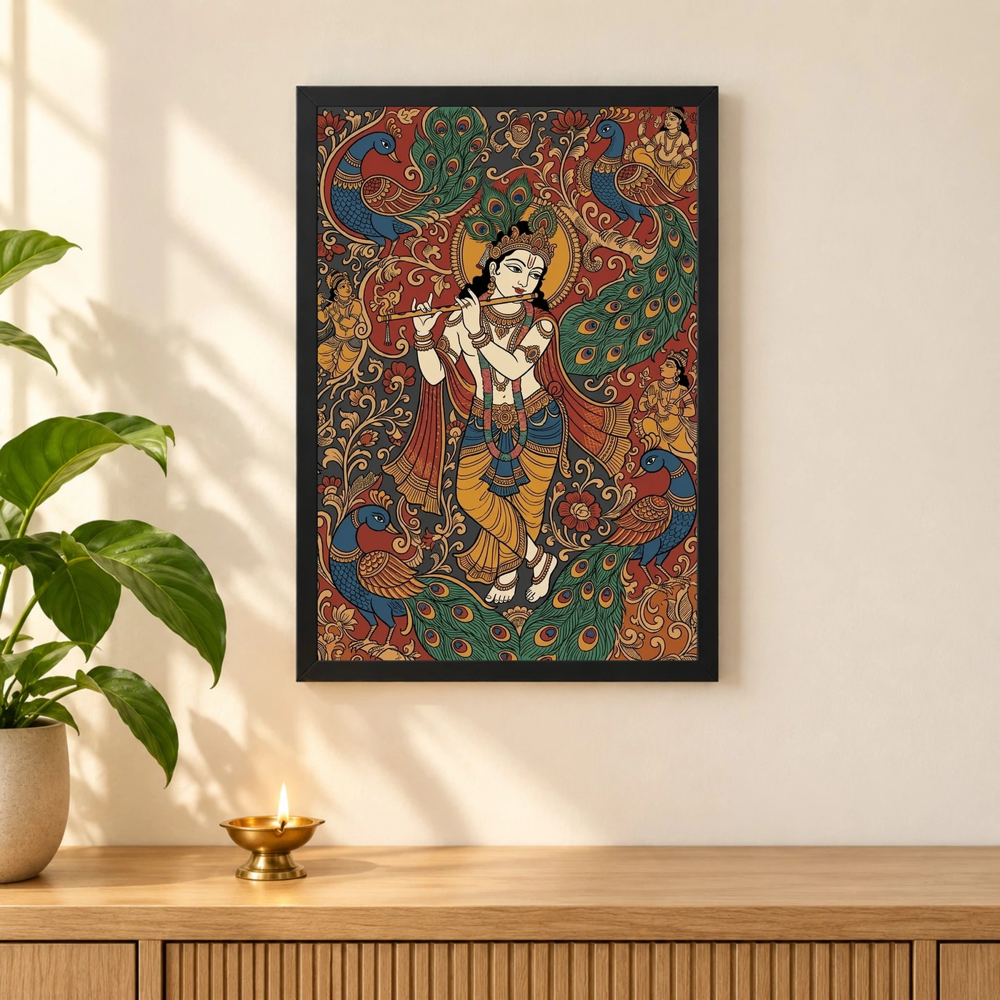 Krishna Kalamkari Peacock Motif Andhra Traditional Art Photo Frame, view 3