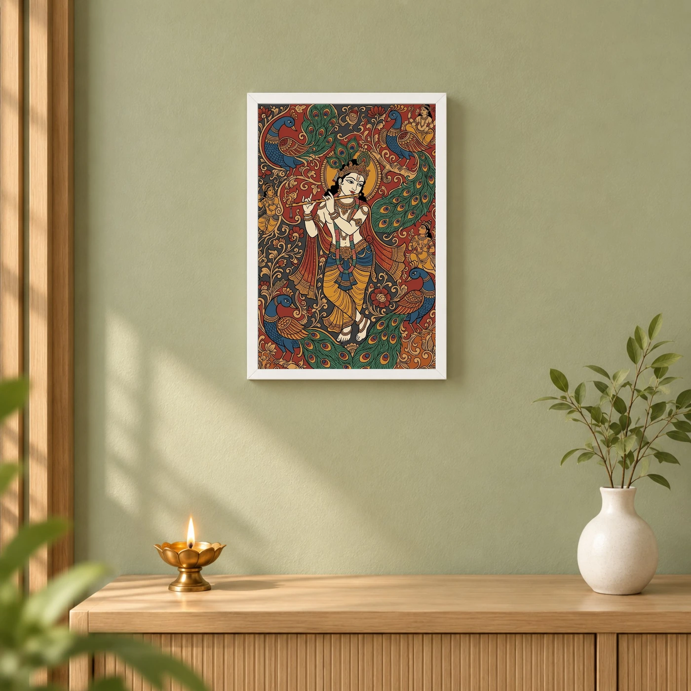 Krishna Kalamkari Peacock Motif Andhra Traditional Art Photo Frame, view 6
