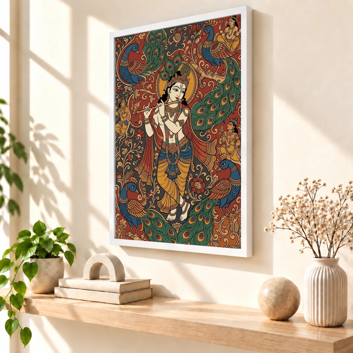 Krishna Kalamkari Peacock Motif Andhra Traditional Art Photo Frame, view 7