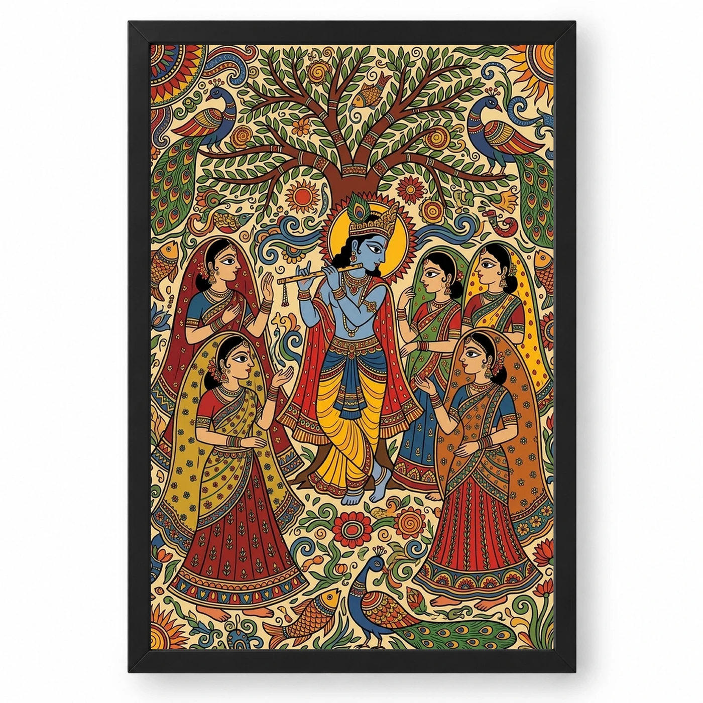 Krishna Madhubani Folk Art Gopis Bihar Traditional Art Photo Frame