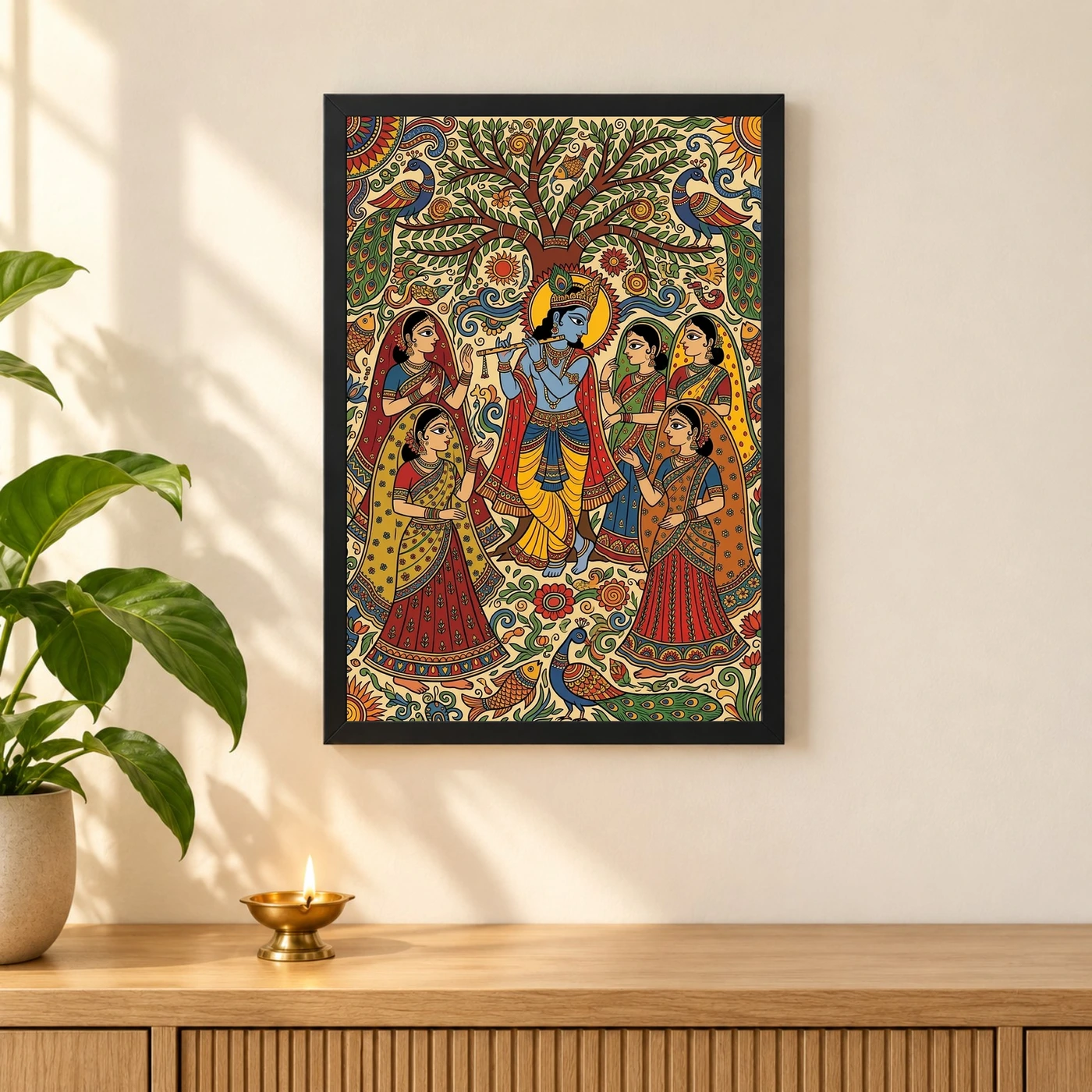 Krishna Madhubani Folk Art Gopis Bihar Traditional Art Photo Frame, view 3