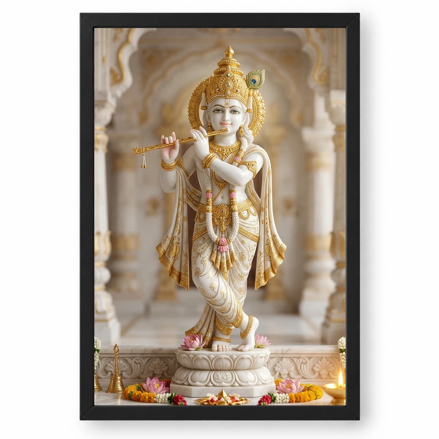Krishna Marble Temple Sculpture White Gold Classical Art Photo Frame