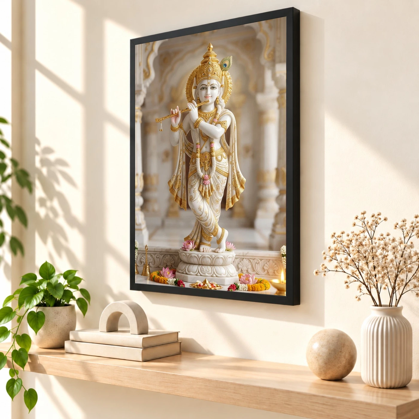 Krishna Marble Temple Sculpture White Gold Classical Art Photo Frame, view 2