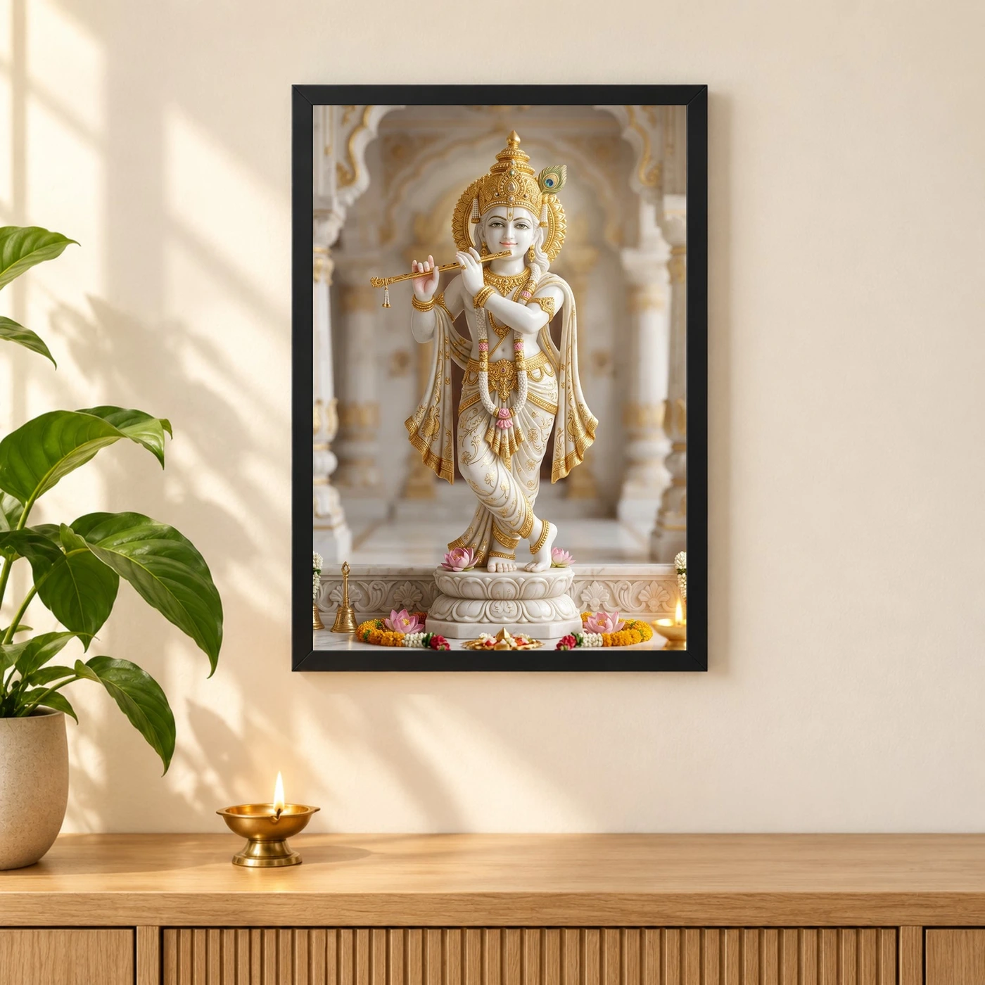 Krishna Marble Temple Sculpture White Gold Classical Art Photo Frame, view 3