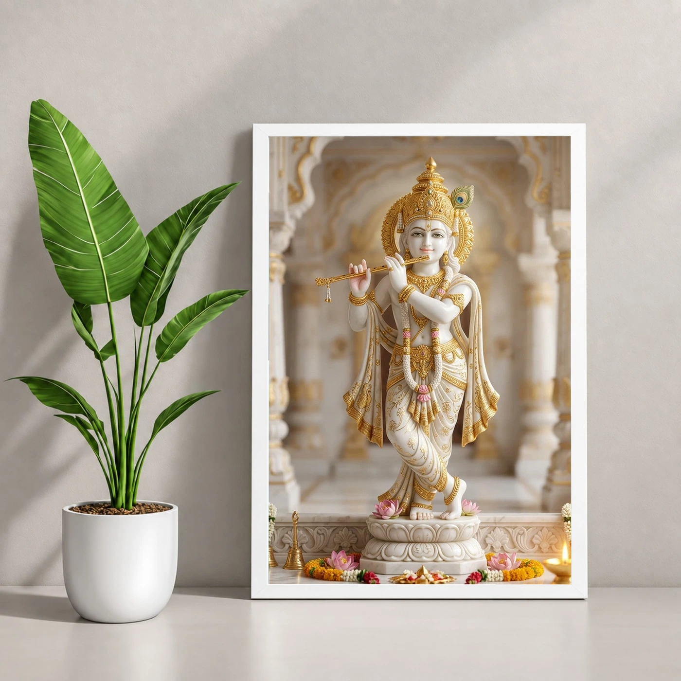 Krishna Marble Temple Sculpture White Gold Classical Art Photo Frame, view 4
