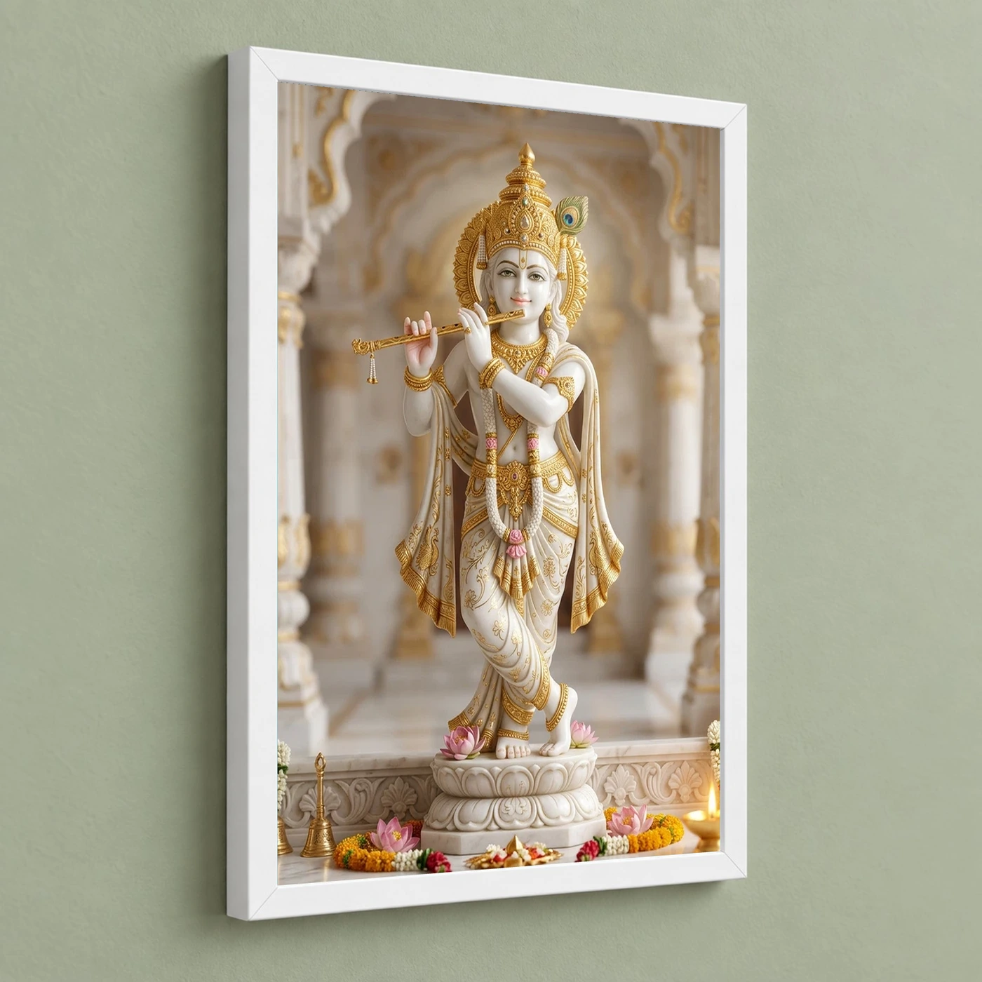 Krishna Marble Temple Sculpture White Gold Classical Art Photo Frame, view 5