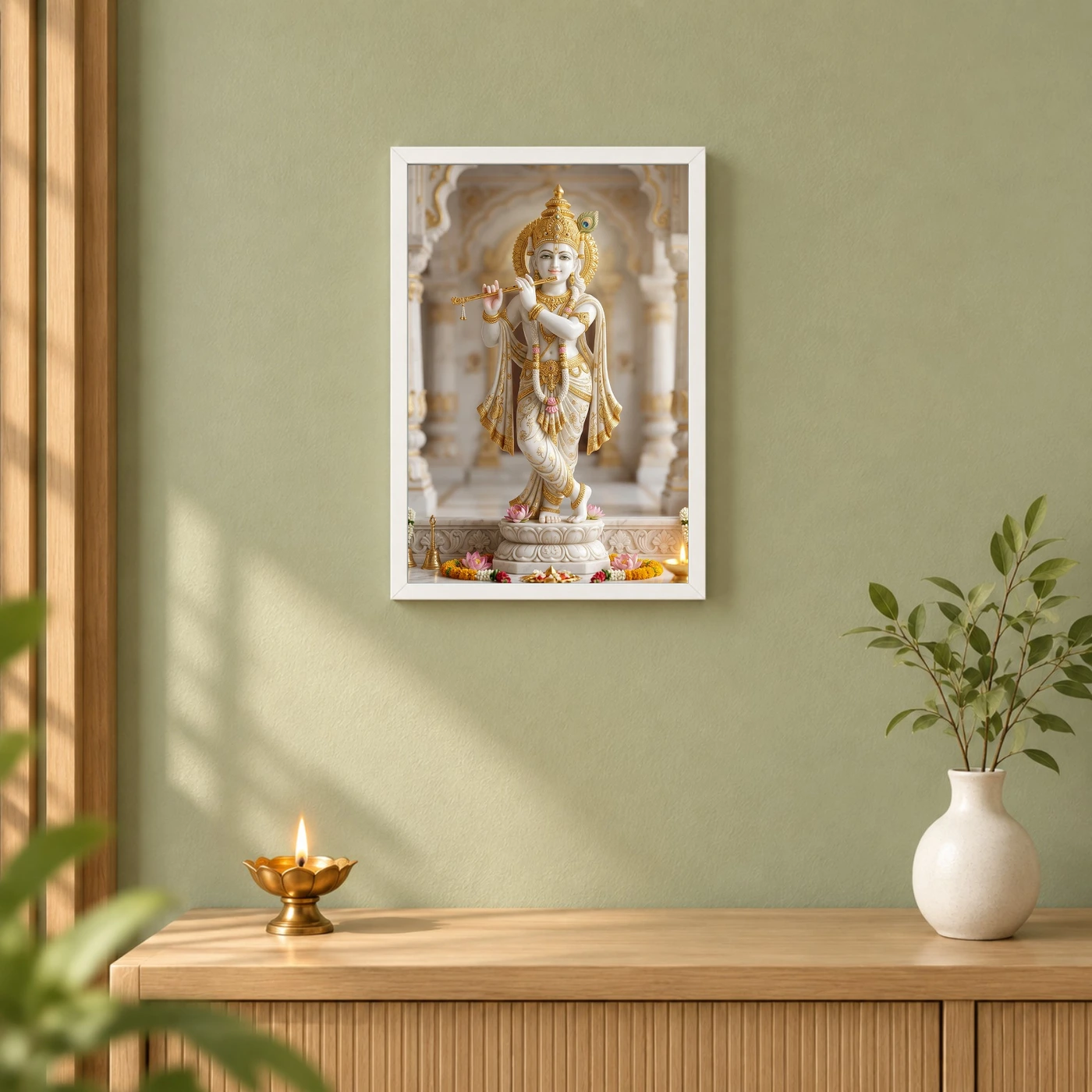 Krishna Marble Temple Sculpture White Gold Classical Art Photo Frame, view 6