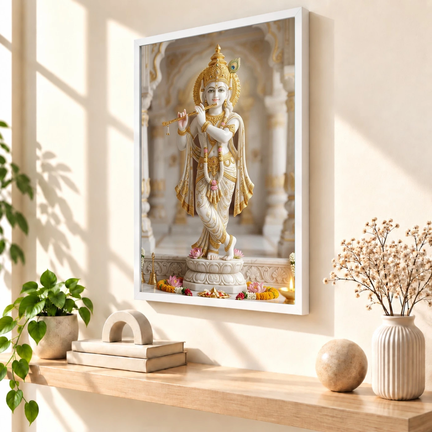Krishna Marble Temple Sculpture White Gold Classical Art Photo Frame, view 7
