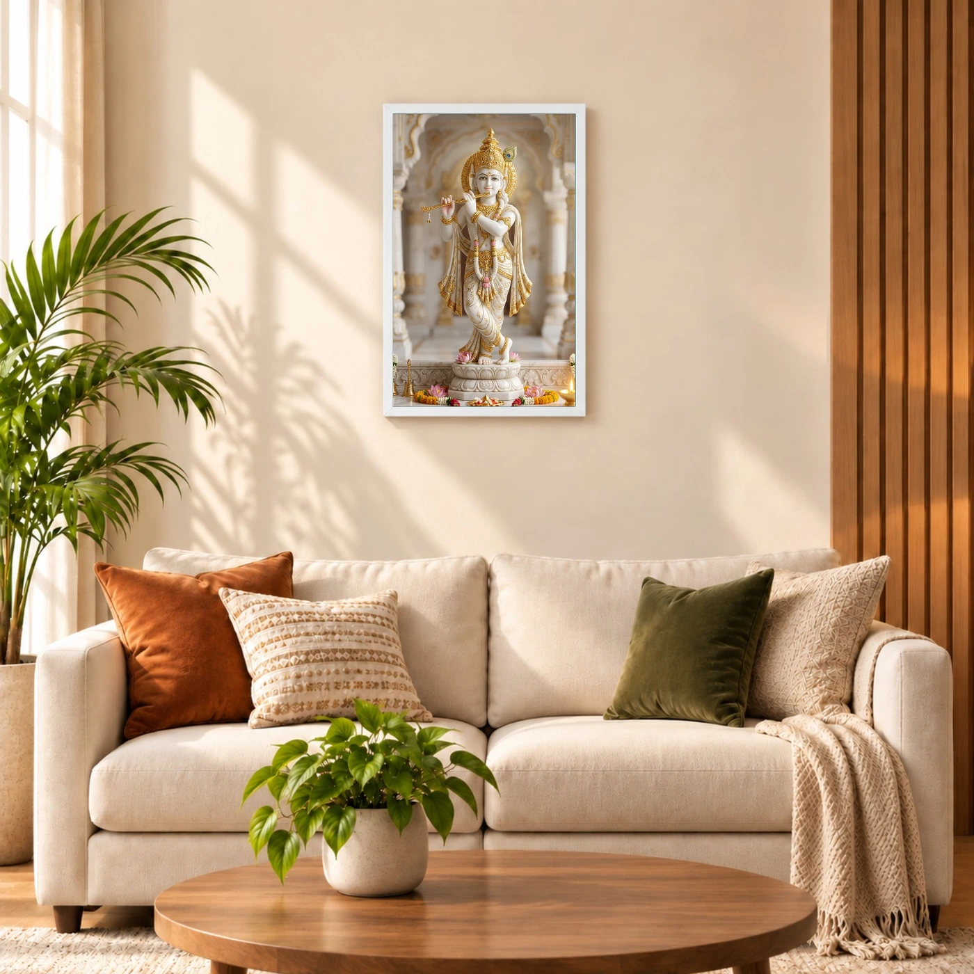 Krishna Marble Temple Sculpture White Gold Classical Art Photo Frame, view 9