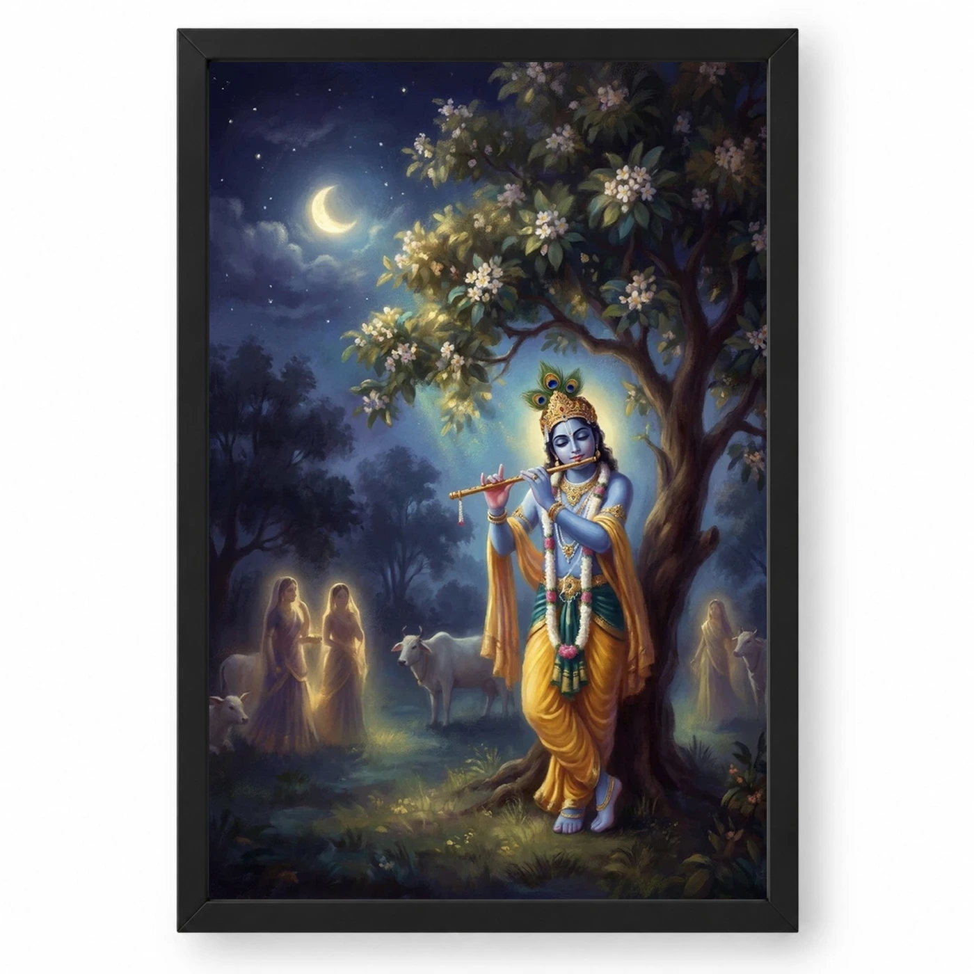 Krishna Playing Flute Kadamba Tree Vrindavan Moonlit Art Photo Frame