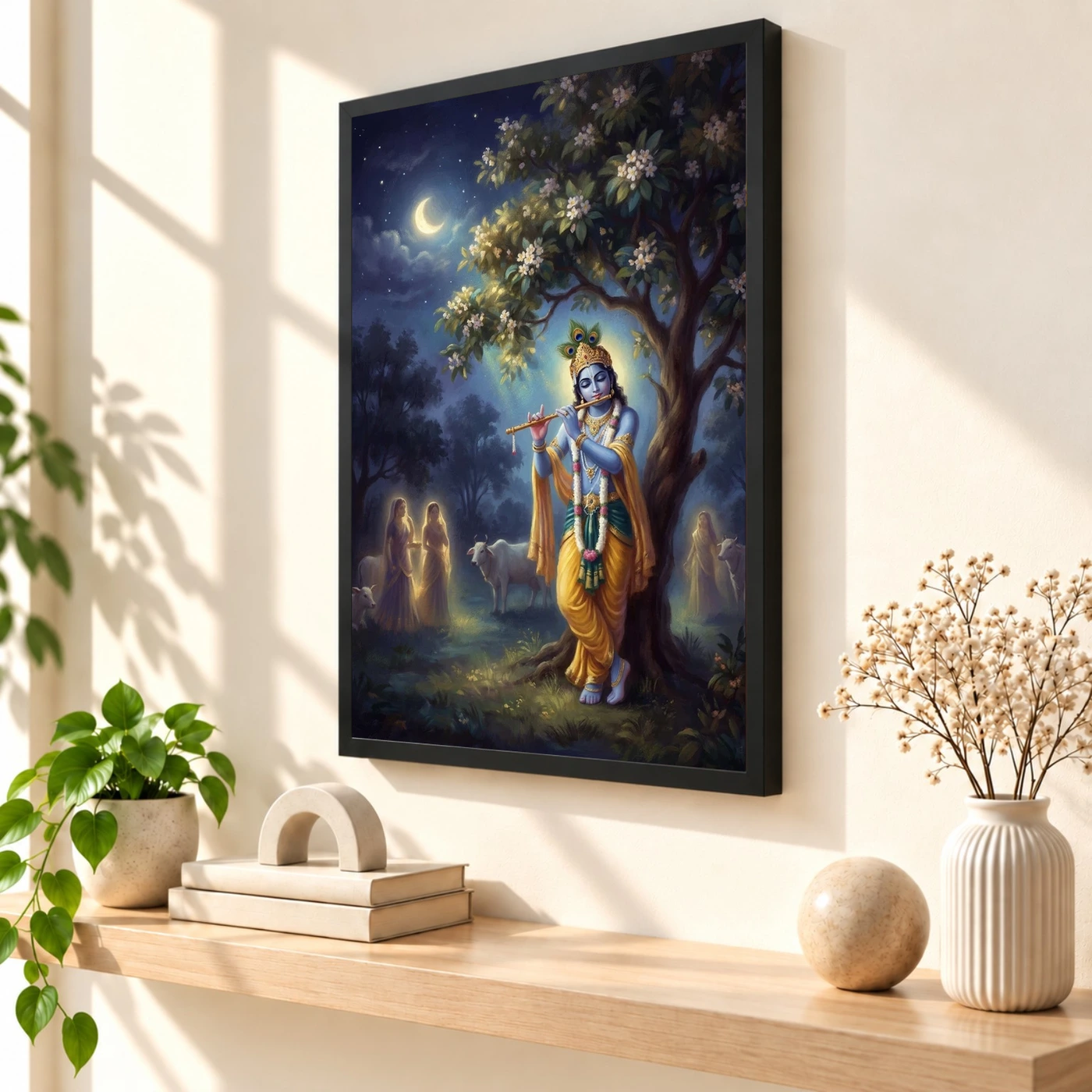 Krishna Playing Flute Kadamba Tree Vrindavan Moonlit Art Photo Frame, view 2