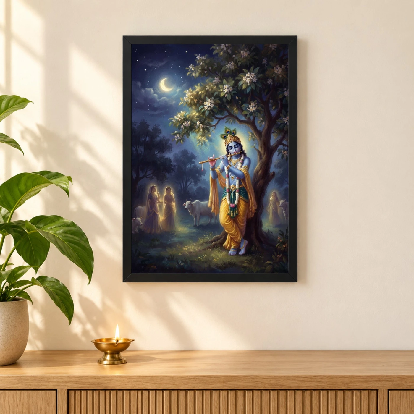 Krishna Playing Flute Kadamba Tree Vrindavan Moonlit Art Photo Frame, view 3