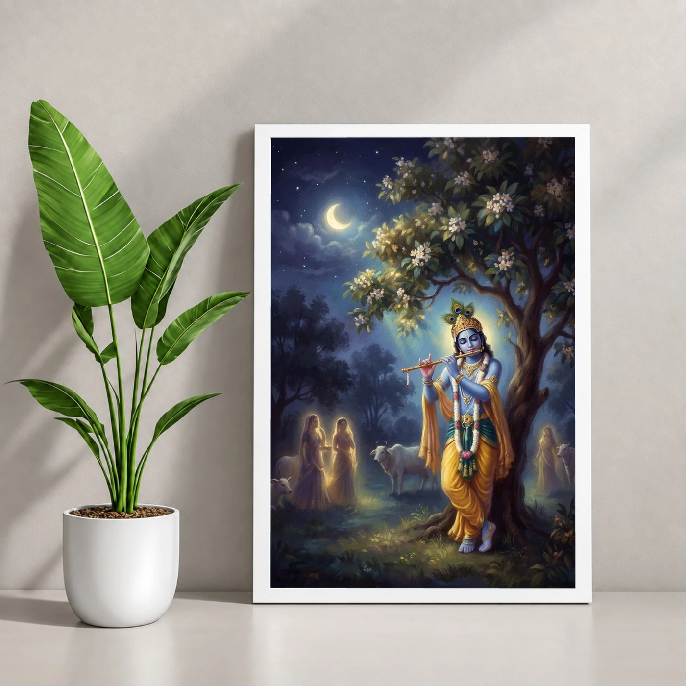 Krishna Playing Flute Kadamba Tree Vrindavan Moonlit Art Photo Frame, view 4