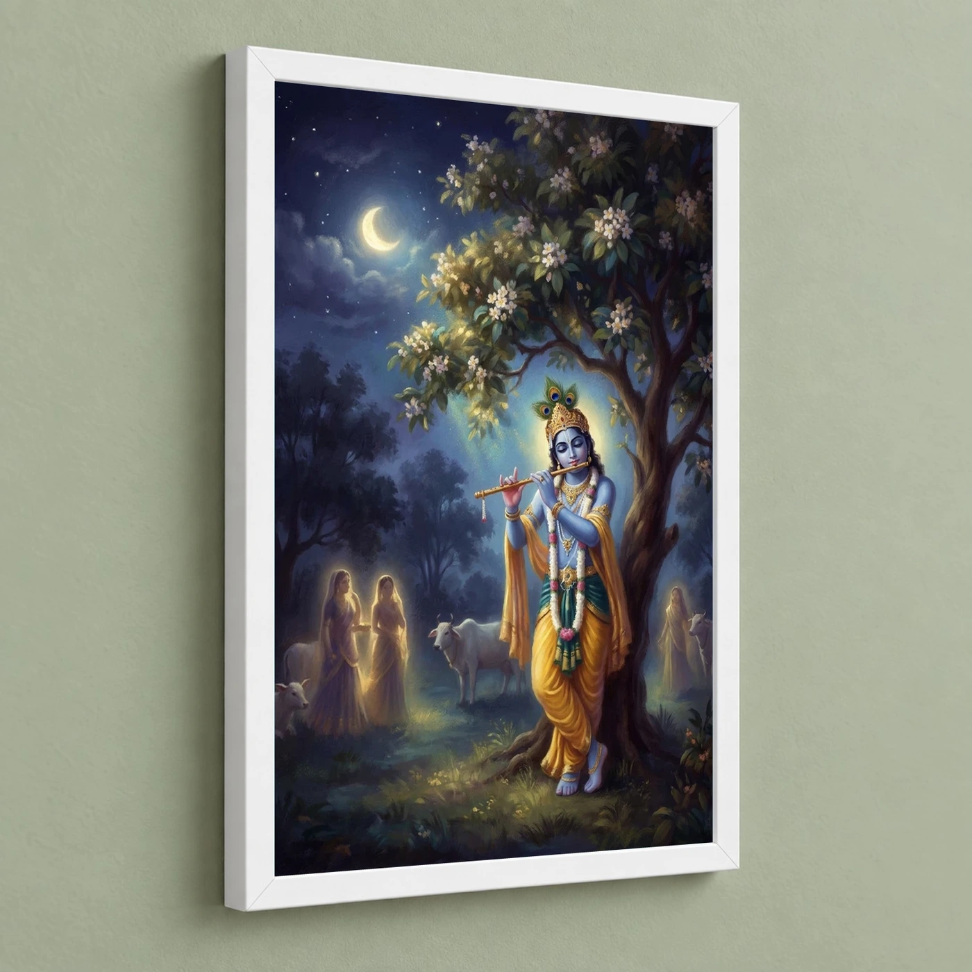 Krishna Playing Flute Kadamba Tree Vrindavan Moonlit Art Photo Frame, view 5