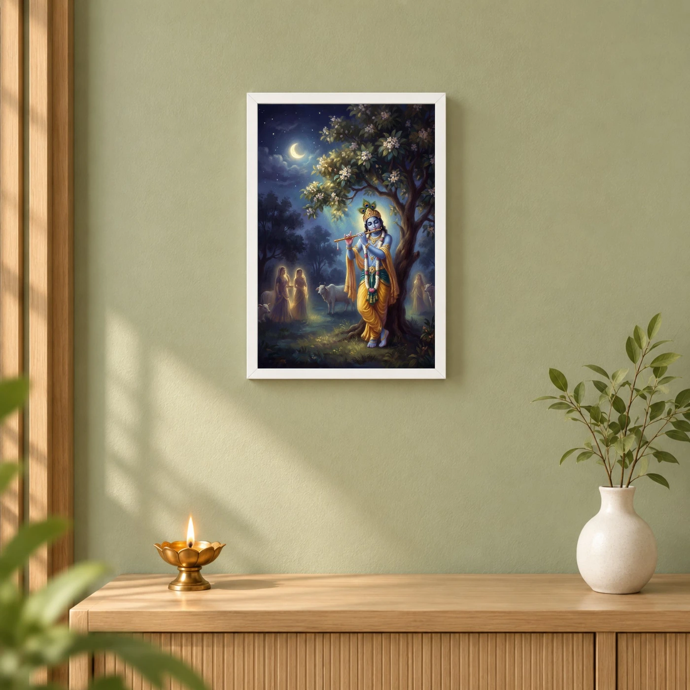 Krishna Playing Flute Kadamba Tree Vrindavan Moonlit Art Photo Frame, view 6