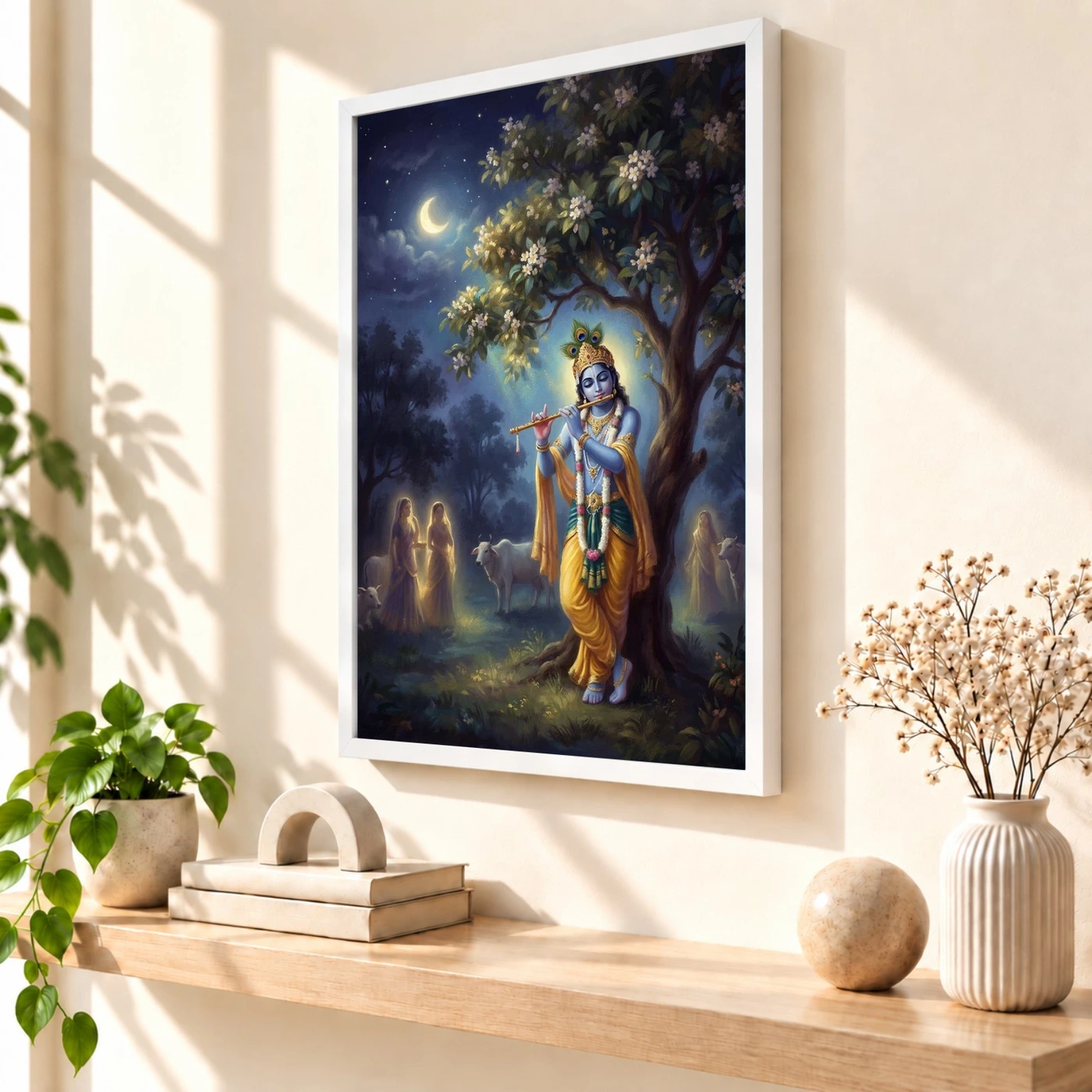 Krishna Playing Flute Kadamba Tree Vrindavan Moonlit Art Photo Frame, view 7