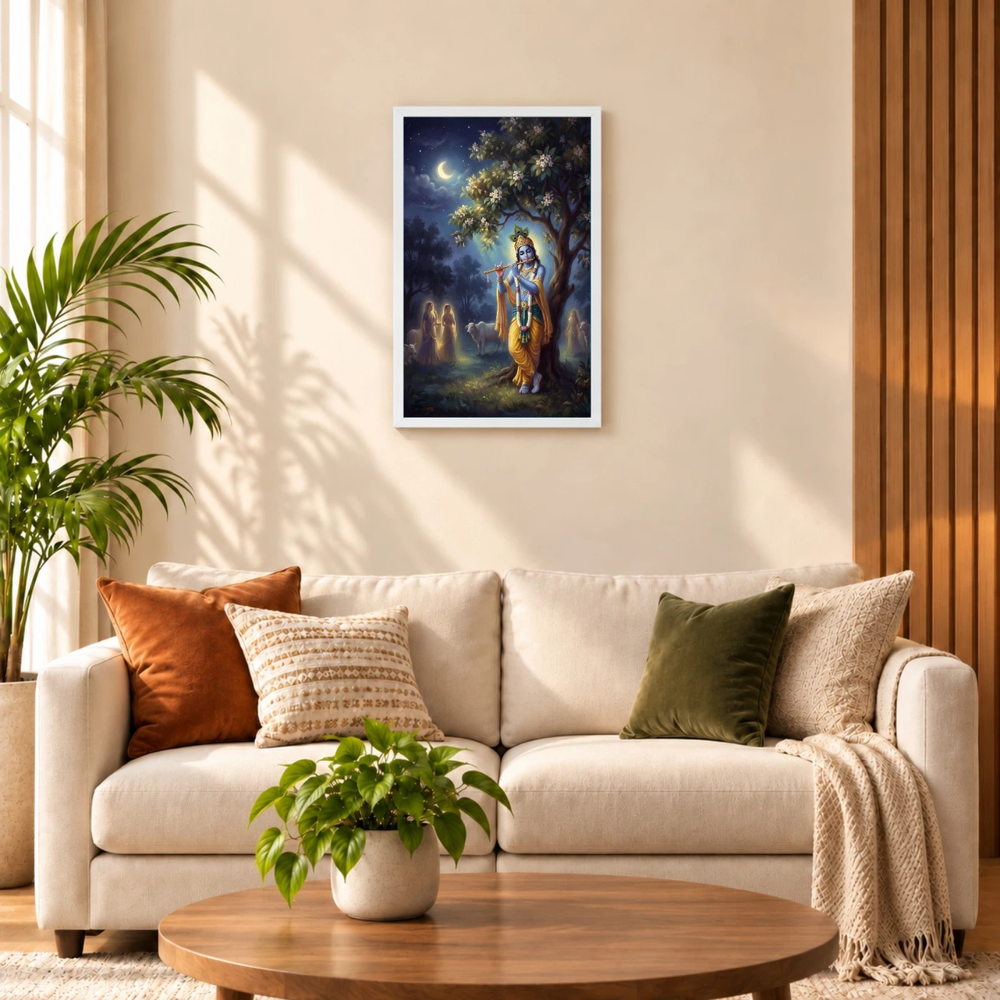 Krishna Playing Flute Kadamba Tree Vrindavan Moonlit Art Photo Frame, view 9