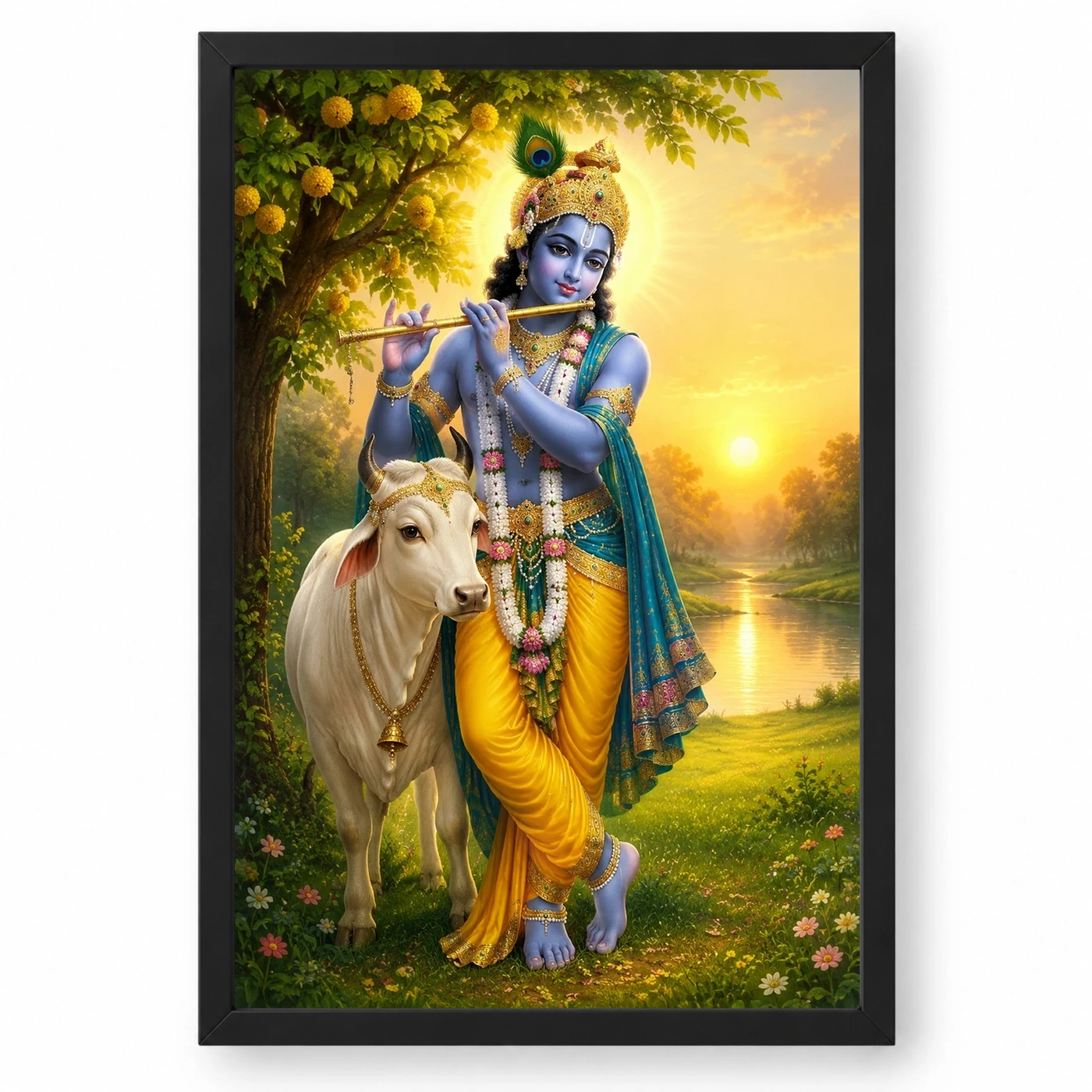 Krishna with Cow — Vrindavan Dawn Frame