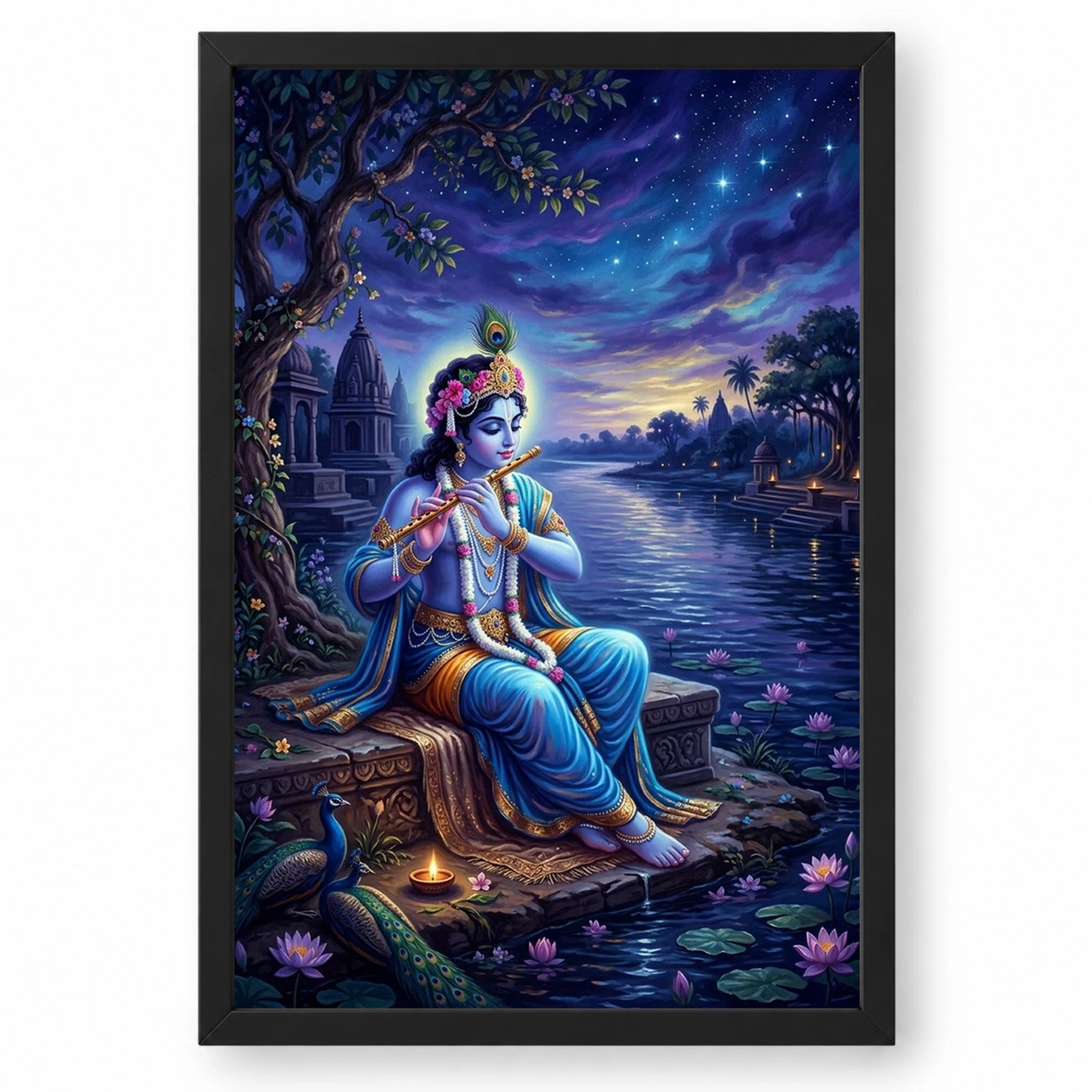 Krishna Yamuna Bank Dusk Flute Ethereal Blue Painting Photo Frame