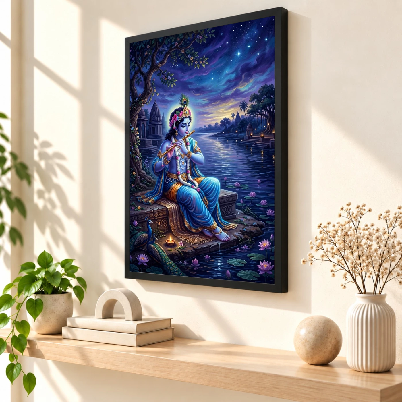 Krishna Yamuna Bank Dusk Flute Ethereal Blue Painting Photo Frame, view 2