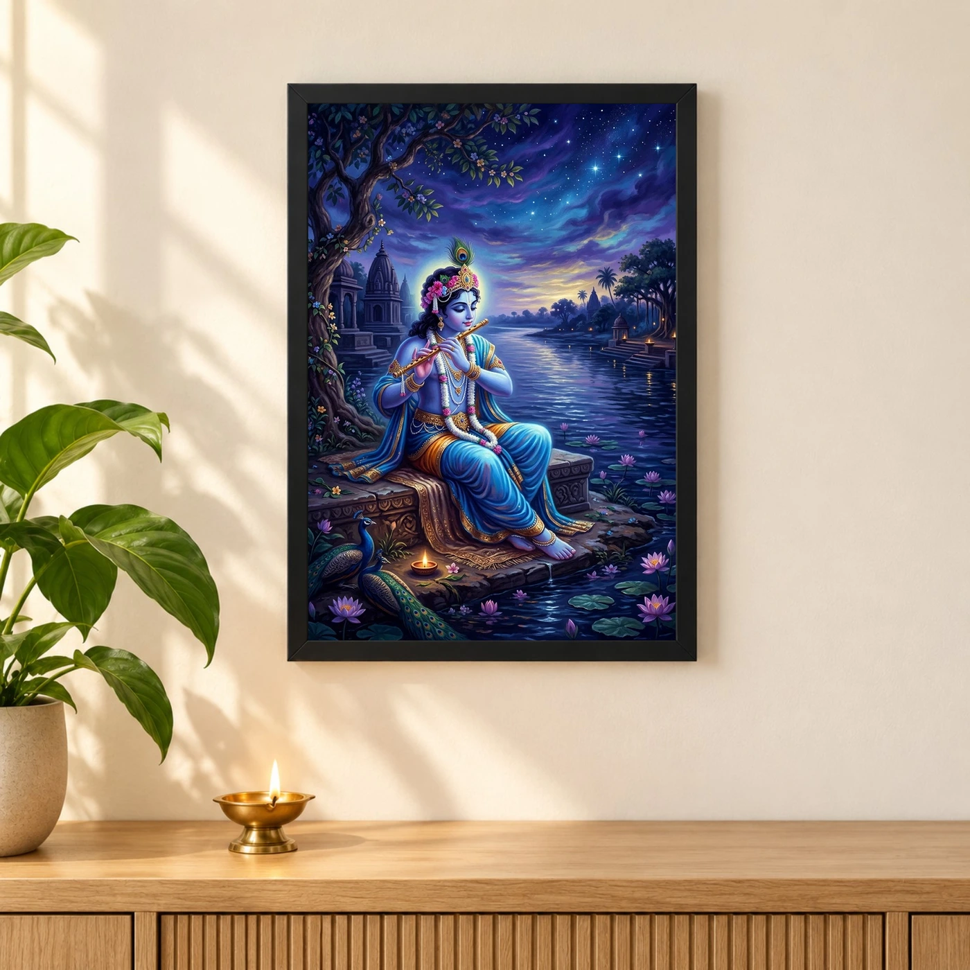 Krishna Yamuna Bank Dusk Flute Ethereal Blue Painting Photo Frame, view 3