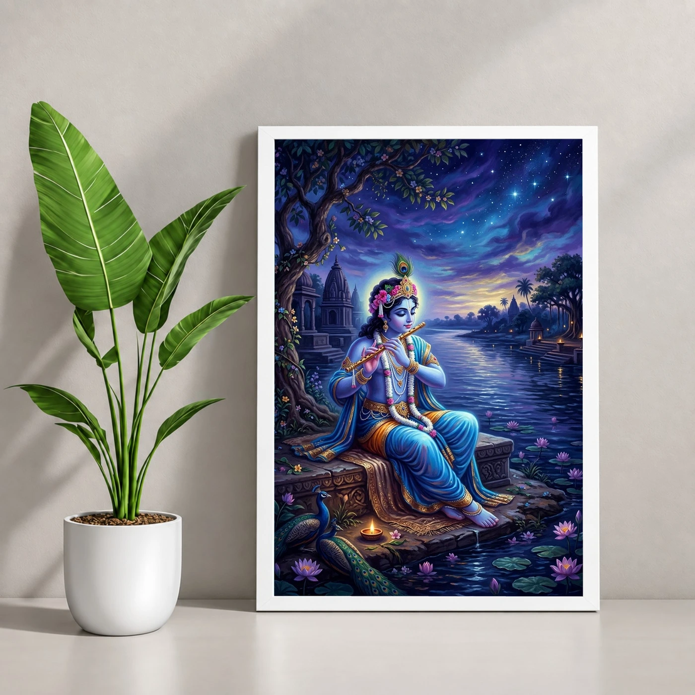Krishna Yamuna Bank Dusk Flute Ethereal Blue Painting Photo Frame, view 4