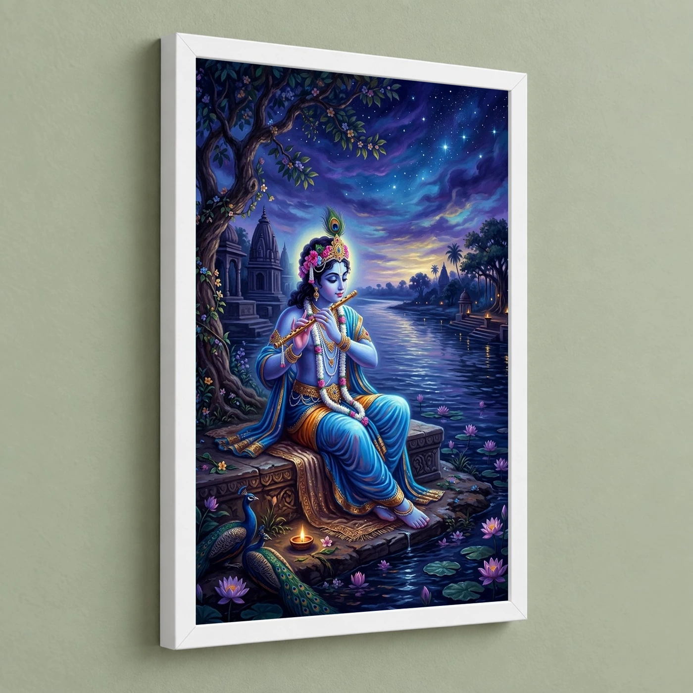 Krishna Yamuna Bank Dusk Flute Ethereal Blue Painting Photo Frame, view 5