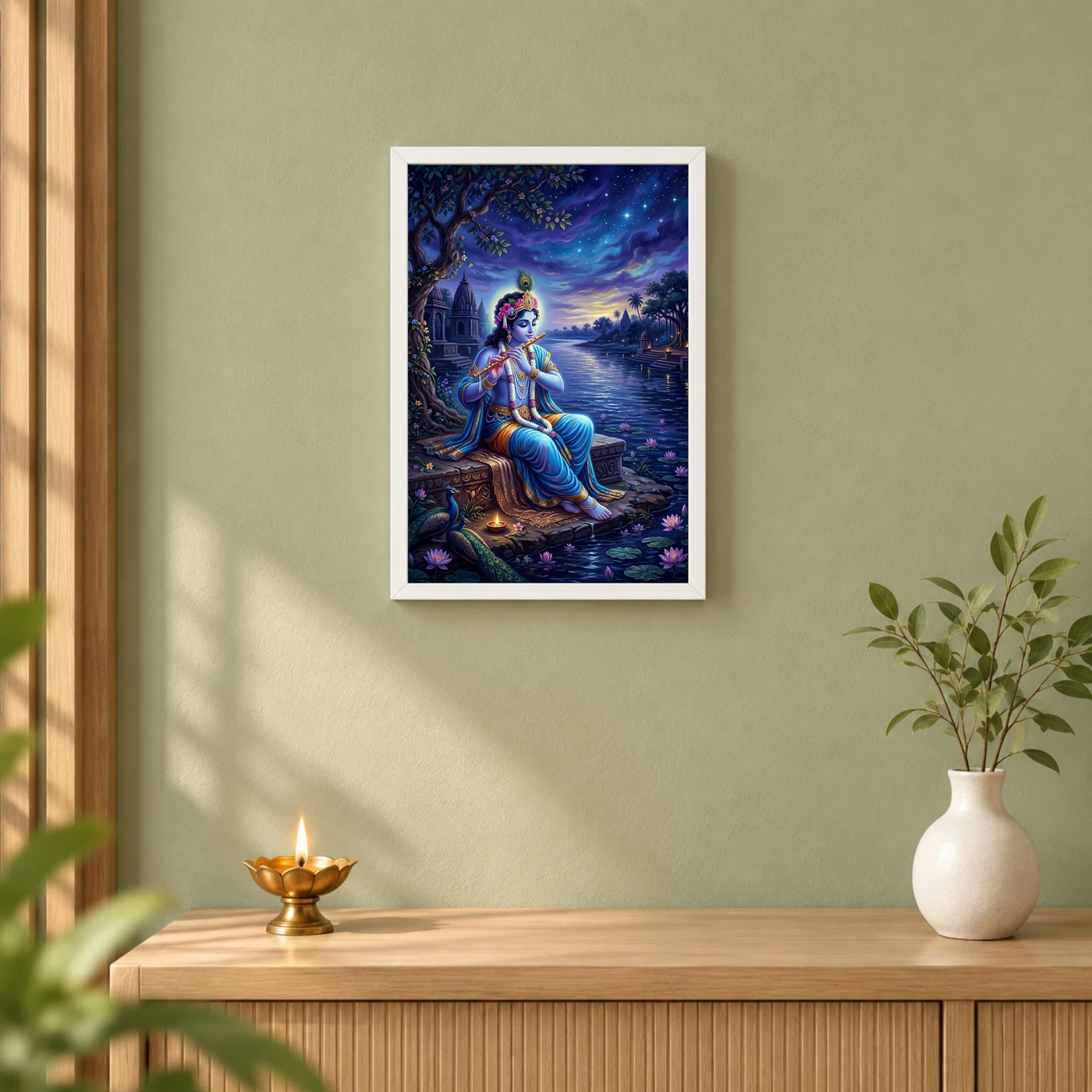 Krishna Yamuna Bank Dusk Flute Ethereal Blue Painting Photo Frame, view 6