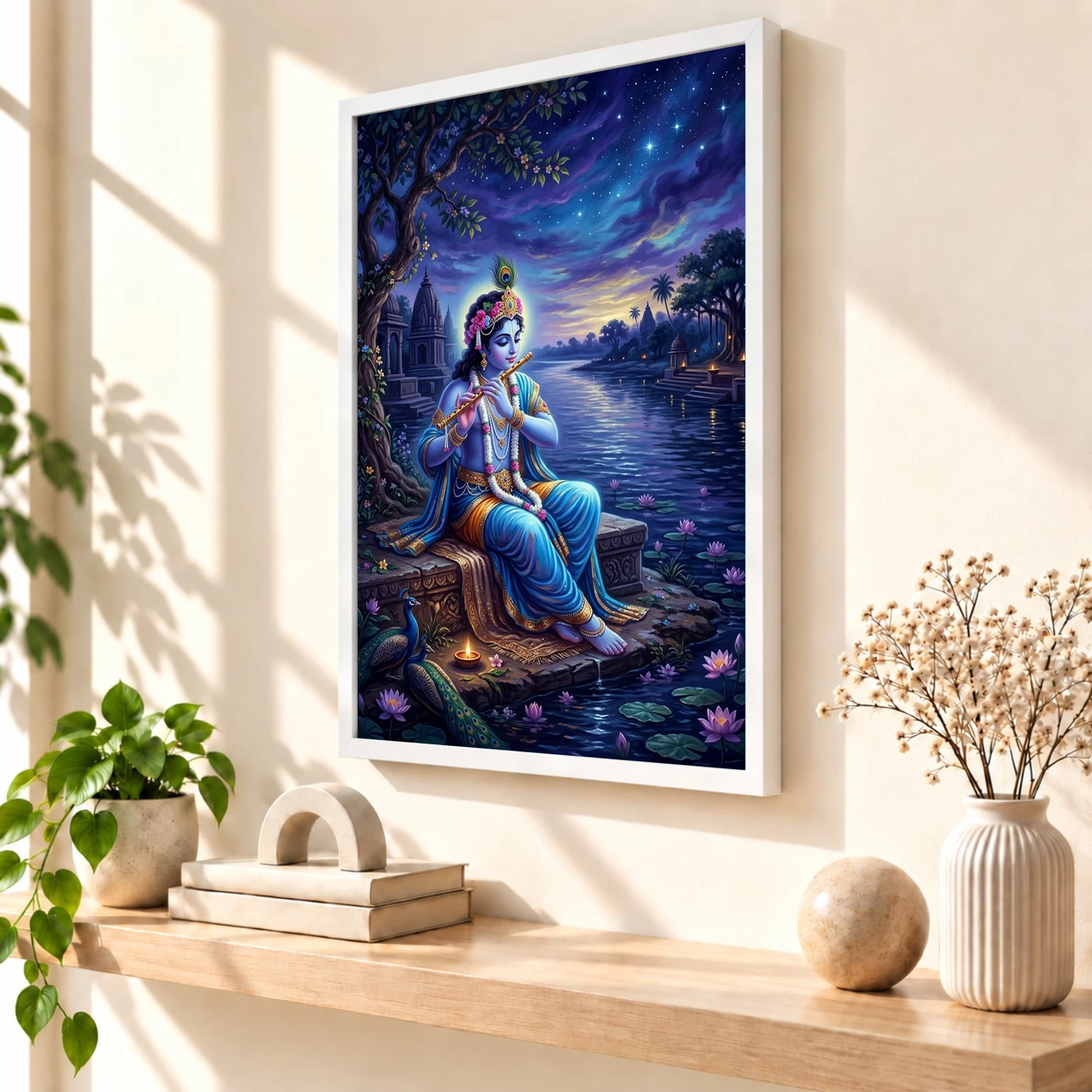 Krishna Yamuna Bank Dusk Flute Ethereal Blue Painting Photo Frame, view 7